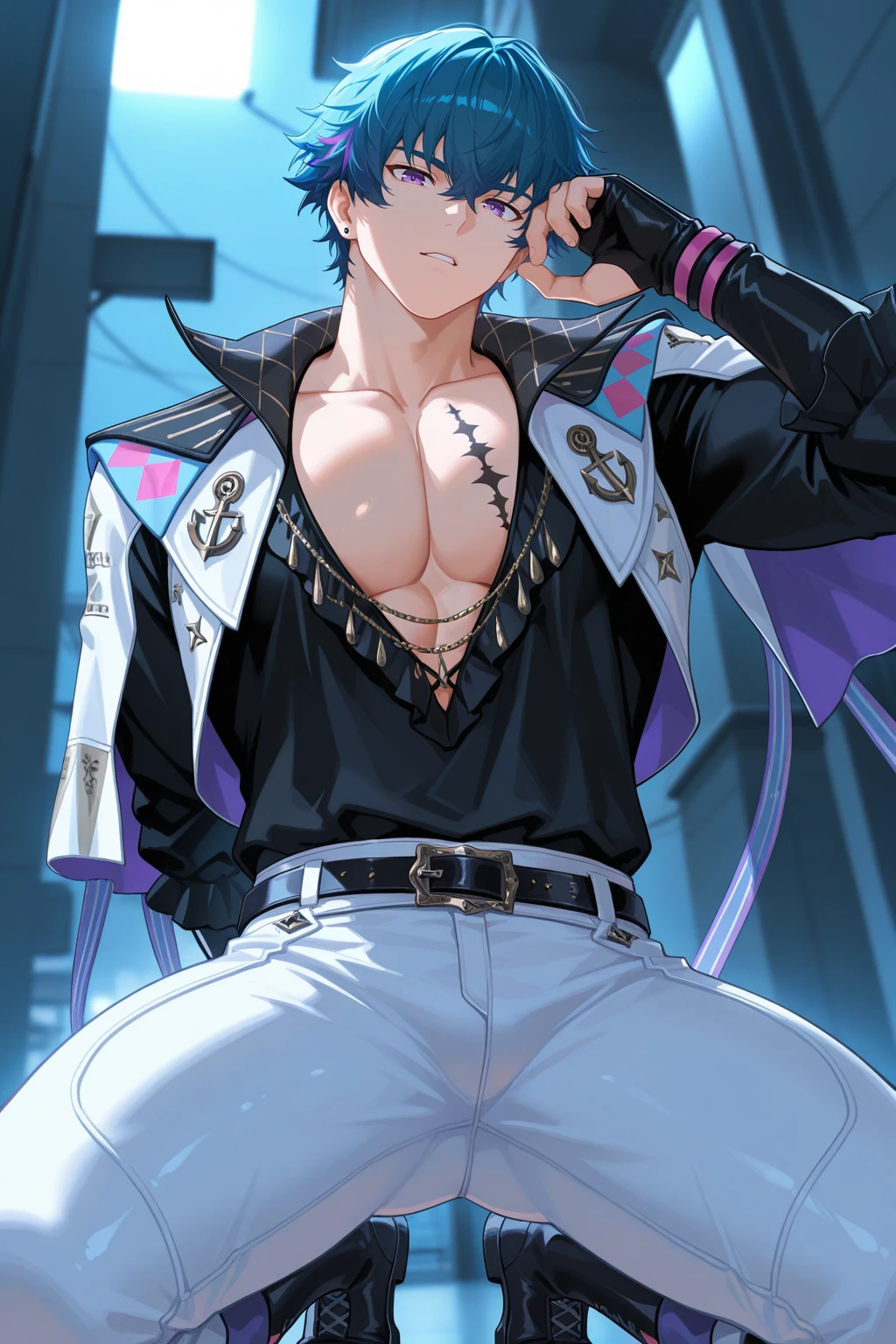Ultra detailed, Highres, absurdres, HDR, master piece, Sebastian Michaelis, black hair, expressive red eyes, Kuroshitsuji, sexy man holding a microphone, solo, rocker, black rocker clothes with trimmings, red petals, glittering, black gloves, red flowers, sensual, fantasy, idol stage, concert, toned chest, manly man, handsome smile, visual kei, close up, black cap, black pants, Black Butler,