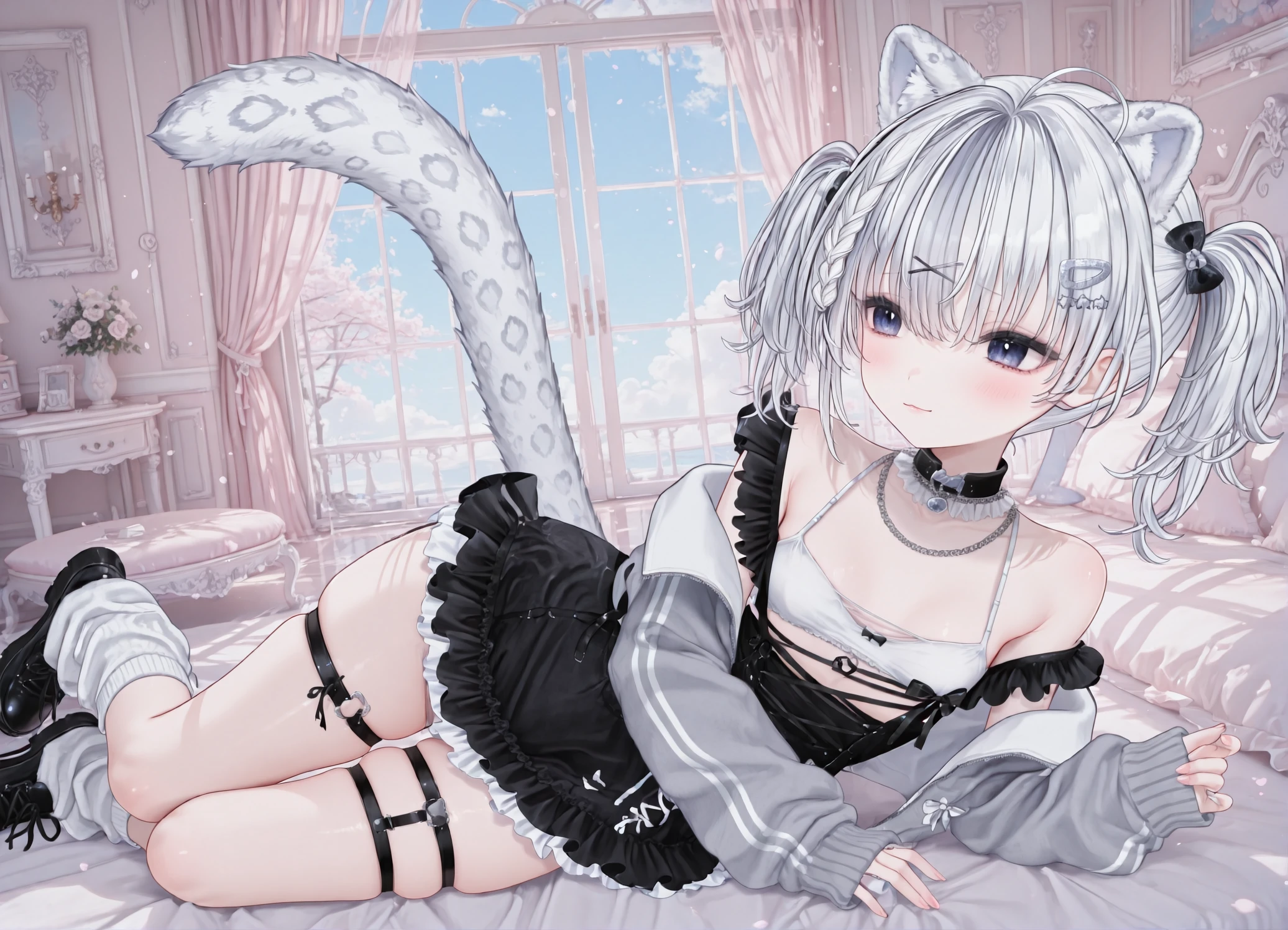 8k picture of beautiful woman, 1 solo girl, (short silver hair), (cat ears), intricate, elegant, highly detailed, majestic, perfect skin, (wet skin, shiny skin), (shy look), (((dripping from face))), digital photography, art by artgerm and ruan jia and greg rutkowski surreal painting, (pink outfit, see-through bdsm_outfit), thong, (bondage collar and leash), (bedroom), (((tied up in bed))), (flashing), (self breasts grab), ((big breasts)), (heels), (masterpiece, sidelighting, finely detailed beautiful eyes: 1.2), hdr, narrow waist, eyeliner, (camel toe), (Exposed breasts)