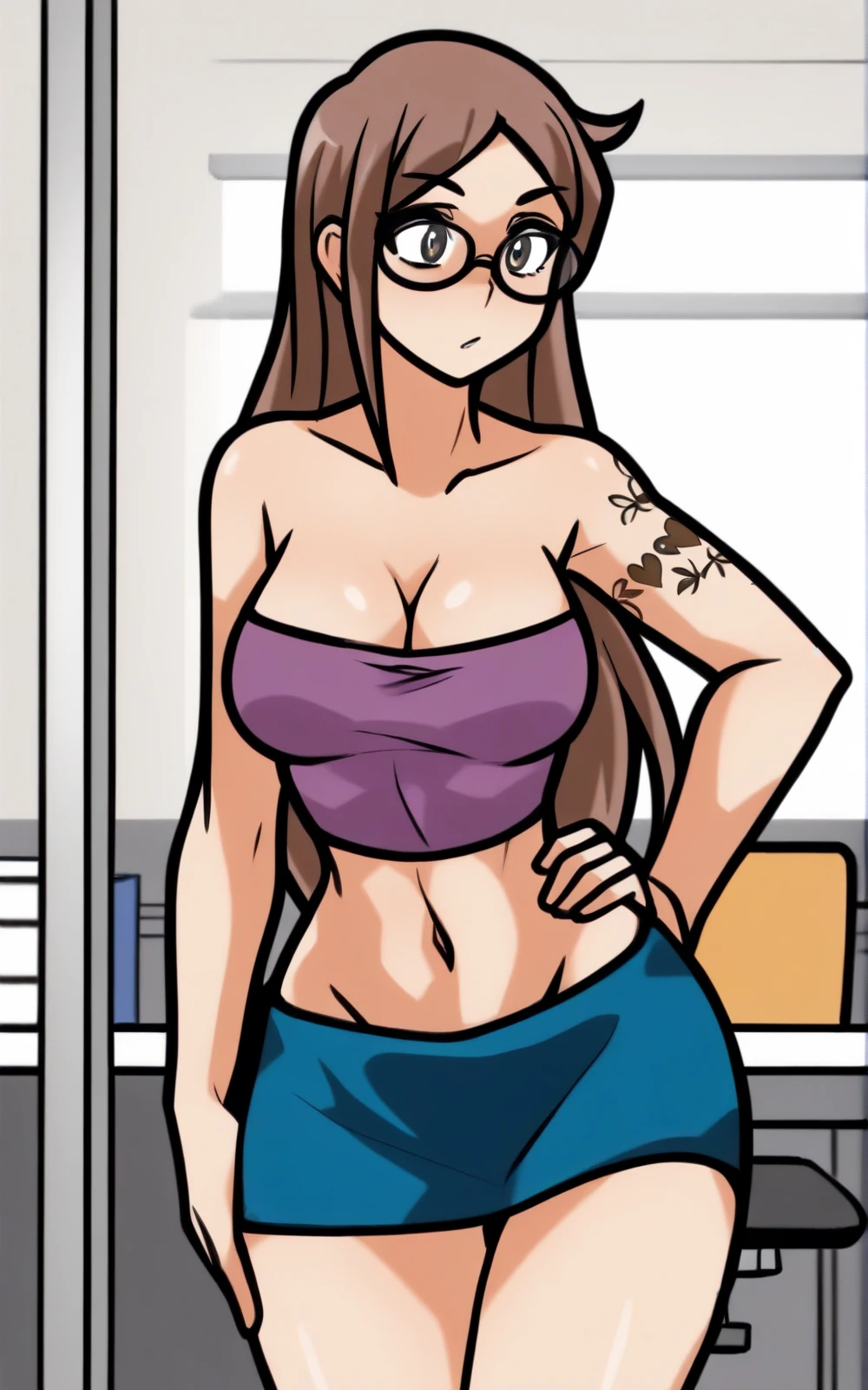 8k,4k,((Best quality, masterpiece, ultra high resolution)),((full body, by pixelsketcher)), <lora:Megan:0.8>,megan,breasts, glasses, long hair, midriff, brown hair, cleavage, miniskirt,( blue miniskirt),shoes, white shoes, navel,((purple bandeau)),tattoo, bangs,human,arm tattoo, seductive,large breast,inside, office, panties, white panties,sitting,upskirt
