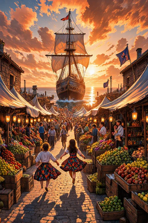 A vibrant, cinematic coastal market scene at sunset, set near an old stone port by the sea. The area is bustling with people — travelers, fishermen, merchants, and performers — all moving through the narrow pathways between colorful tents and wooden stalls. Crates of exotic fruits, glowing potions, and mysterious artifacts are stacked high. Children run barefoot along the docks, and musicians play flutes and drums while dancers twirl in patterned fabrics. The warm orange glow of the setting sun bathes everything in golden light, reflecting off the ocean and casting long shadows. Behind it all, a massive pirate-style ship is docked, towering above the crowd — its sails furled, flags fluttering in the breeze, and sailors shouting orders as they prepare to unload goods. Lanterns begin to flicker to life as the evening deepens. The air is alive with noise, color, and energy, blending the real-world vibrancy of a coastal village with hints of fantasy in the items sold and the characters present.