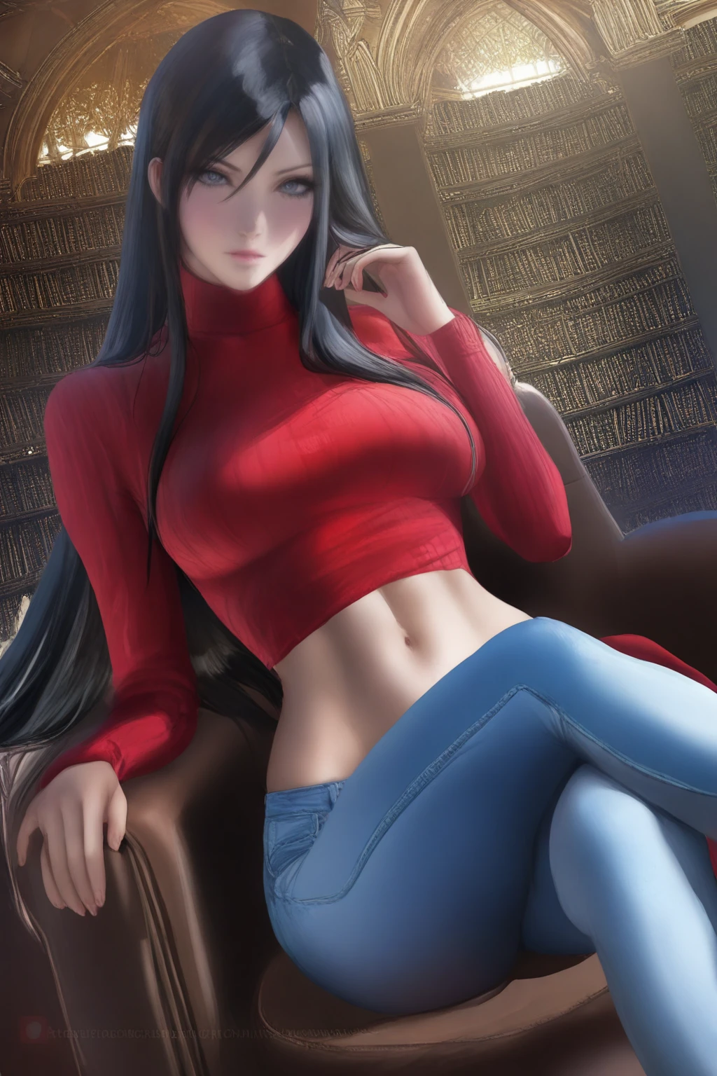 {{masterpiece,best quality,amazing quality}}, sakimichan, 1girl, solo, looking at viewer,
library, sitting, cropped sweater, turtleneck, navel, midriff, large breasts, jeans, expressionless
<lora:Sakimichan_v3 illustrious:0.8>