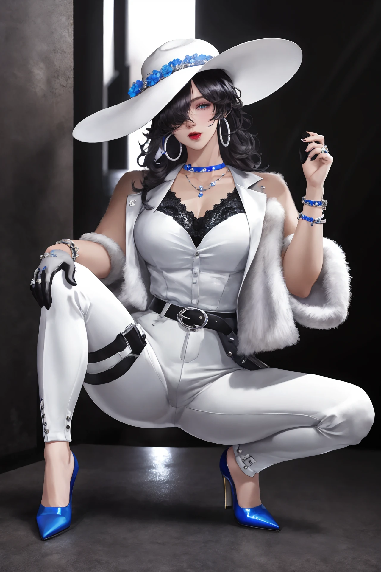 highres,absurdres,masterpiece,best quality,original,extremely detailed CG,extremely detailed wallpaper,perfect lighting,standing on the stage,blurry background,(from above),looking at viewer,
<lora:rosanna-nikke-richy-v1:0.9>,rosanna \(nikke\),navel,cleavage,choker,black gloves,midriff,belt,necklace,bracelet,crop top,black shirt,chain,fur coat,fur trim,thigh boots, <lora:GoodHands-beta2:1>