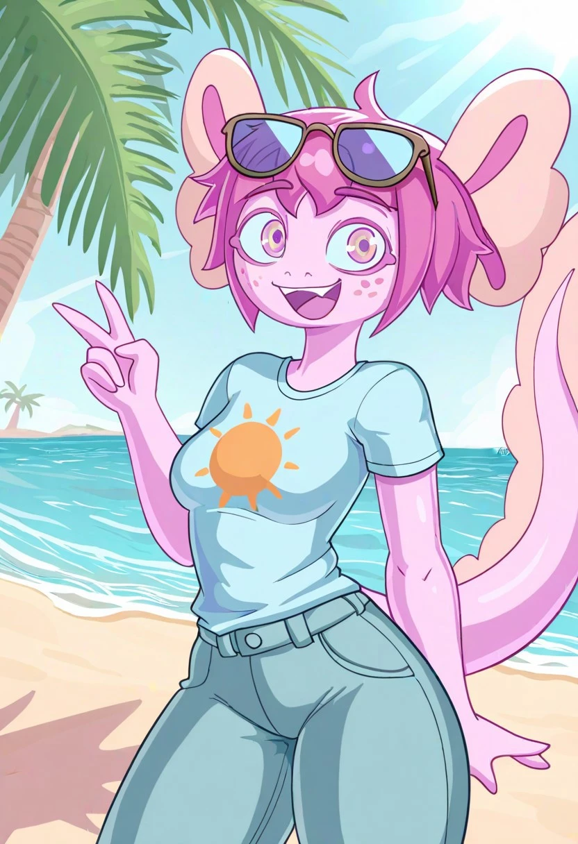 <lora:vitzypieaxol-06:0.8>0.8girl, pink hair, colored skin, pink skin, solo, short hair, breasts, smile, pink eyes, monster girl, medium breasts,bikini,shorts,jean_shorts,white_shirt,