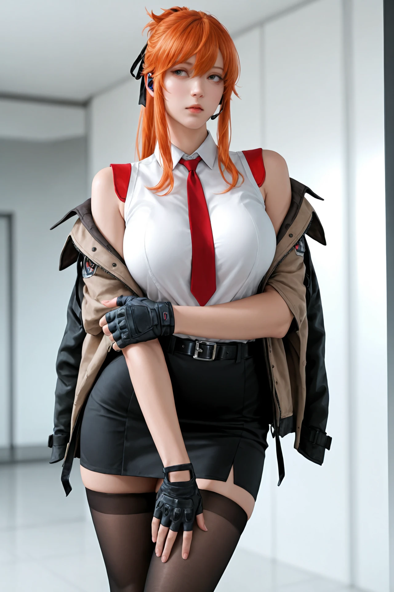 makima \(chainsaw man\), best quality, ultra detailed, 1girl, solo, standing, red hair, long braided hair, golden eyes, bangs, medium breasts, white shirt, black necktie, black long coat, black pants, stare, smile, (evil:1.2), looking at viewer, (interview:1.3), (dark background, chains:1.3), from below, sharp contrast , gorgeous detailed eyes, focus , close up shot , glowing orange eyes