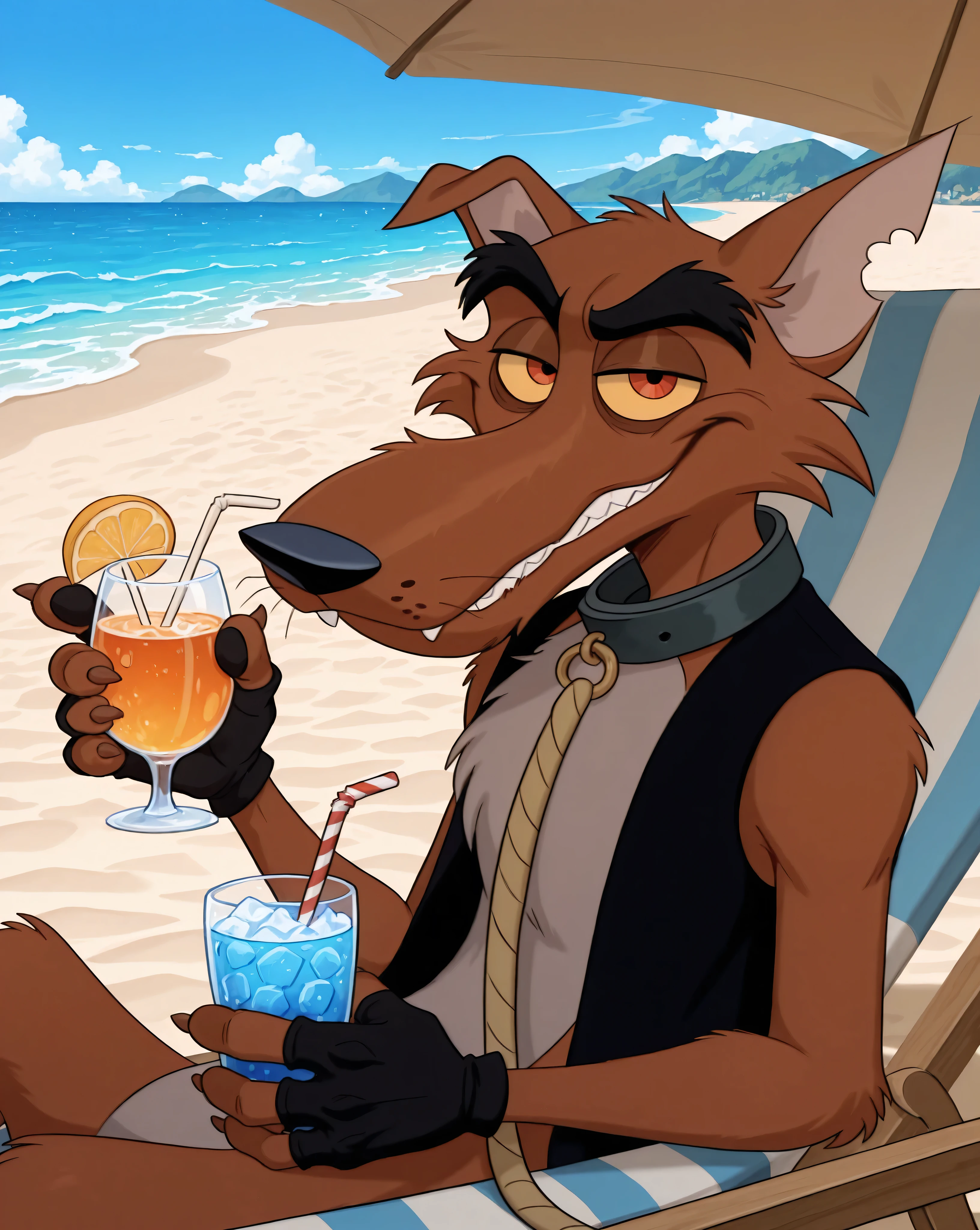 detailed background, source_furry, solo, 1boy, adult, mature, MadD0g, wolfdog, smirking, chill expression, gray collar with rope, black vest, solo, 1boy,((expressive)), ((detailed beach scenery)), relaxing in beach chair, sunny, holding drink in hand, sand, background audience, dynamic angle, detailed eyes, eyes focus, perfect eyes, big iris, pupils shown, white dot on eye, perfect cartoon animated eyes, visible clear eyes detailed scenery, masterpiece, best quality, very aesthetic, newest, masterpiece, best quality, amazing quality, very aesthetic, absurdres, newest,, high res, ultra detailed, best quality, best artwork, detailed eyes, (eyes focus), perfect eyes, big iris, pupils visible, anthro hands, claws, 4k, ultra quality, perfect face, absurdres,masterpiece,best quality,amazing