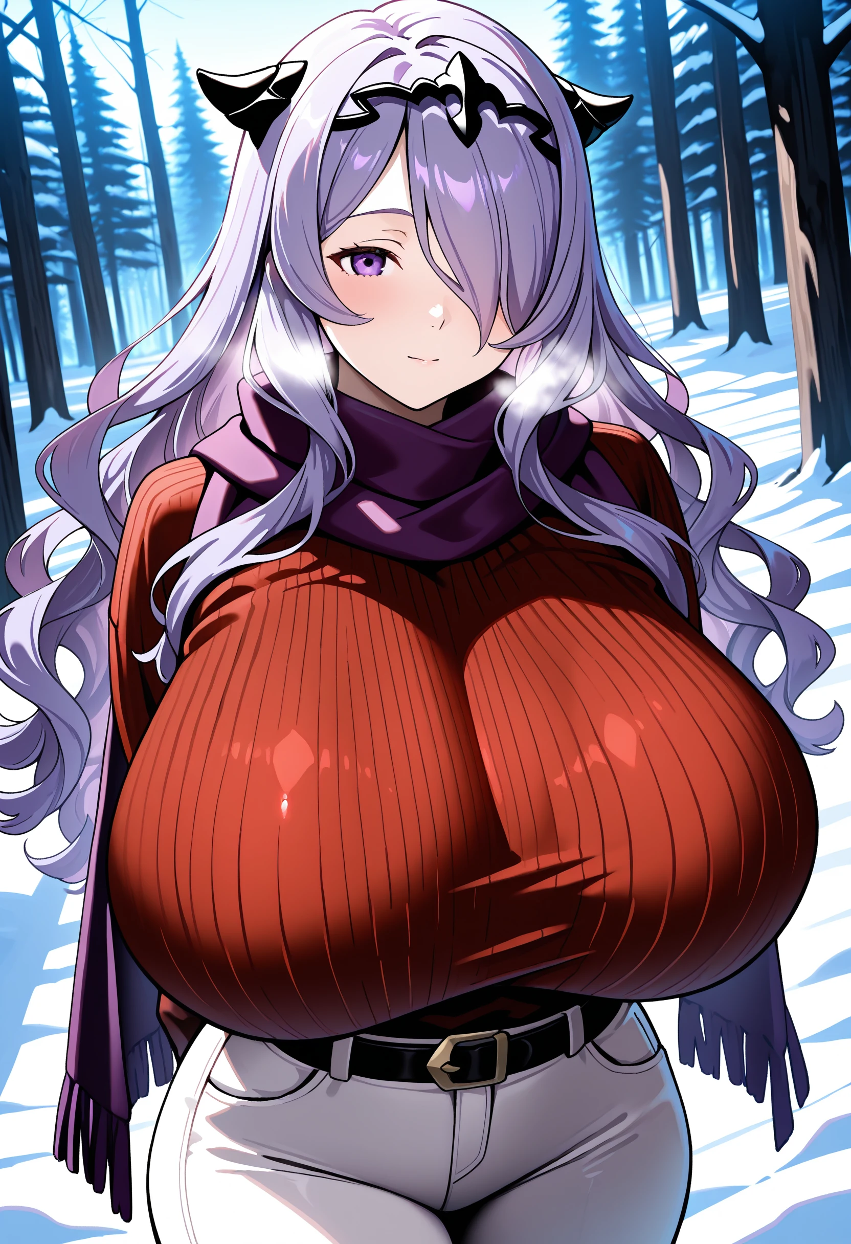 nsfw, (masterpiece), best quality,deep eyes,perfect eyes,detailed eyes,realistic eyes, perfect face, nsfw, ((bimbo)), (milf), (mature female), (anthro, fluffy fur), (anthro tiger girl), ((tiger stripes)), (body fur), ((white fur)) , (pale skin), (paws), (animal hands),solo, ((enormous huge natural breasts)), sagging breasts, (wide hips), ((thick thighs)), huge ass, curvy, navel, ((white curly hair)), very long hair, (hair over one eye), hairbow, ((big hair)), light blue eyes, (puffy lips), (thick lips), ((red lips)), (eyeshadow), (eyeliner), seductive smile, parted lips, nude, (puffy nipples), pussy, (breath), oily breasts, (wet), outdoors, snow, mountains, trees, (snowflakes), night, moon, realistic lighting, highly detailed glow,soft light,amazing art, highly detailed background, absurdres, extreme details, sexy pose, hand in hair, front view,