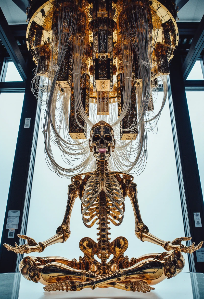 <lora:Quantum_computer:1.2> <lora:4armsfluxv2:0.4> <lora:Elden_Ring_-_Yoshitaka_Amano> <lora:CPA:0.4>overall shot, brightly lit scene, on the lower half of the image an anatomically accurate human skeleton robot made of chrome steel is sitting cross-legged in a meditative pose on a cyber-altar, sticking out his tongue, with six arms extended in sacred symbolic gestures, the steel anatomically accurate skull and bones composing his body are covered in intricate and detailed esoteric engravings, behind him an imposing quantic computer is hanging from the ceiling of a mix between a futuristic cyberpunk light temple and a quantic computer sleek server room, cables and wires come out from those computer and plug into the skull of the skeleton, The whole scene give a feeling mixed between technology and sacred, The skeleton is adorned with flowers and jewels, The lighting is dramatic and directional, highlighting the chrome reflections and engraved symbols. The overall composition is rich in detail, highly graphic, futuristic, quantum computer esthetics, light colored background, no perspective, no darkness