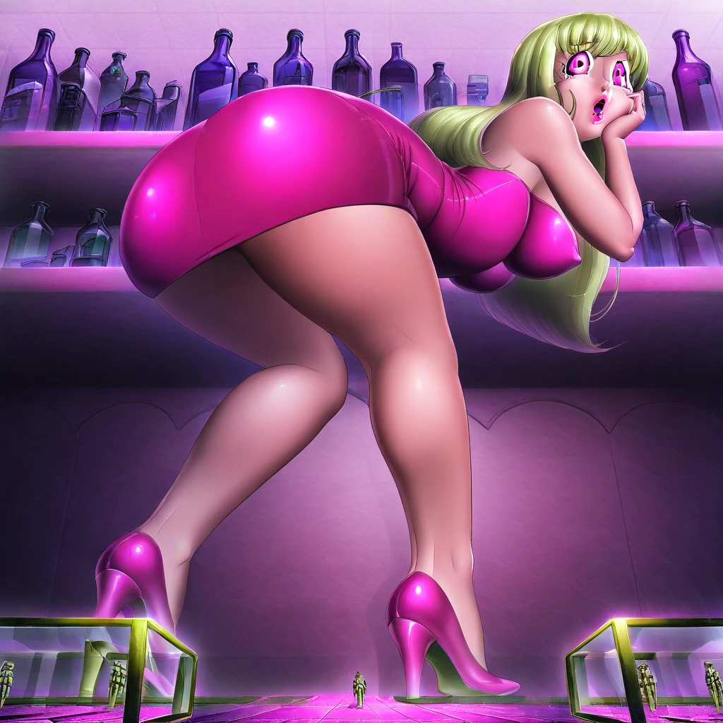 Anime girl. Long pink hair. twintails, Hairclip, sling bikini. large breasts. Showering, Stripper pole, pole dancing. Indoors, blush, freckles, dancing. full body. high heels. wet body, dripping wet, wet hair. glistening body, dripping water. penis, girl with penis. cum. 