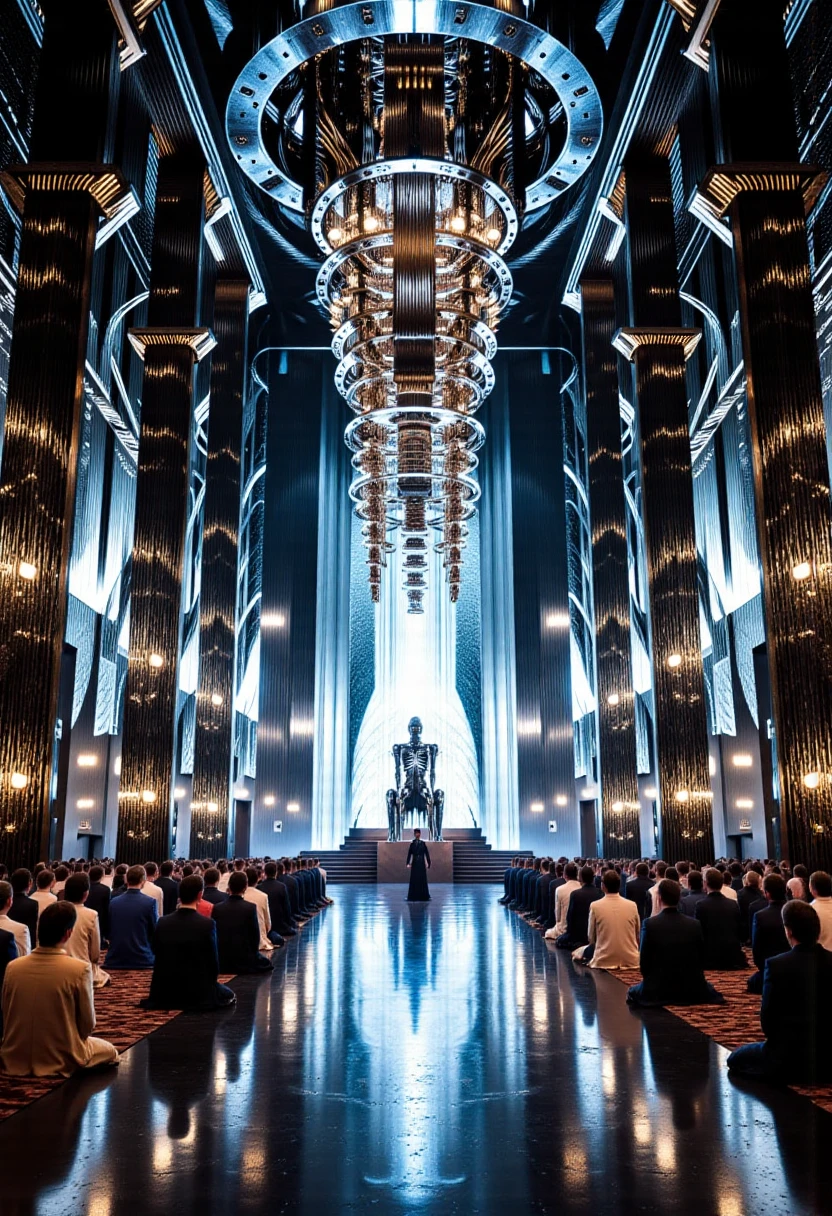 <lora:Cyber_Flux><lora:Quantum_computer> <lora:detailed photorealism style v3>photorealistic interior of an ultra-futuristic cybernetic quantum computer cathedral, sleek design and awe-inspiring and luminous, combining richly detailed intricate architecture with ultra-modern quantum computing aesthetics, intricately detailed carved columns made of quantum computers, servers and computer wires, every surface is sharp and hyper-detailed, at the center, under a gigantic quantum computer hanging from the ceiling a magnificent altar rises, crowned with a divine humanoid figure made of an anatomically accurate human skeleton robot made of chrome metal, seated cross-legged in a meditative pose, with six arms extended in sacred symbolic gestures, several worshippers in flowing ceremonial robes kneel in prayer, priests dressed in high-tech vestments stand around the altar, performing a solemn ritual, atmosphere is sacred yet highly technological, full of clarity and depth, ultra-sharp focus, 8k resolution, high detail, 50mm lens, realistic texture fidelity, no darkness, no blur, well-lit and ornate interior,ornate, highly detailed, intricate, ultra sharp, 8k, brightly lit, high dynamic range, ultra detailed, hyper realistic, ornate interior, crystal clarity, vibrant colors, well-illuminated space, refined textures, high fidelity details, sharp focus