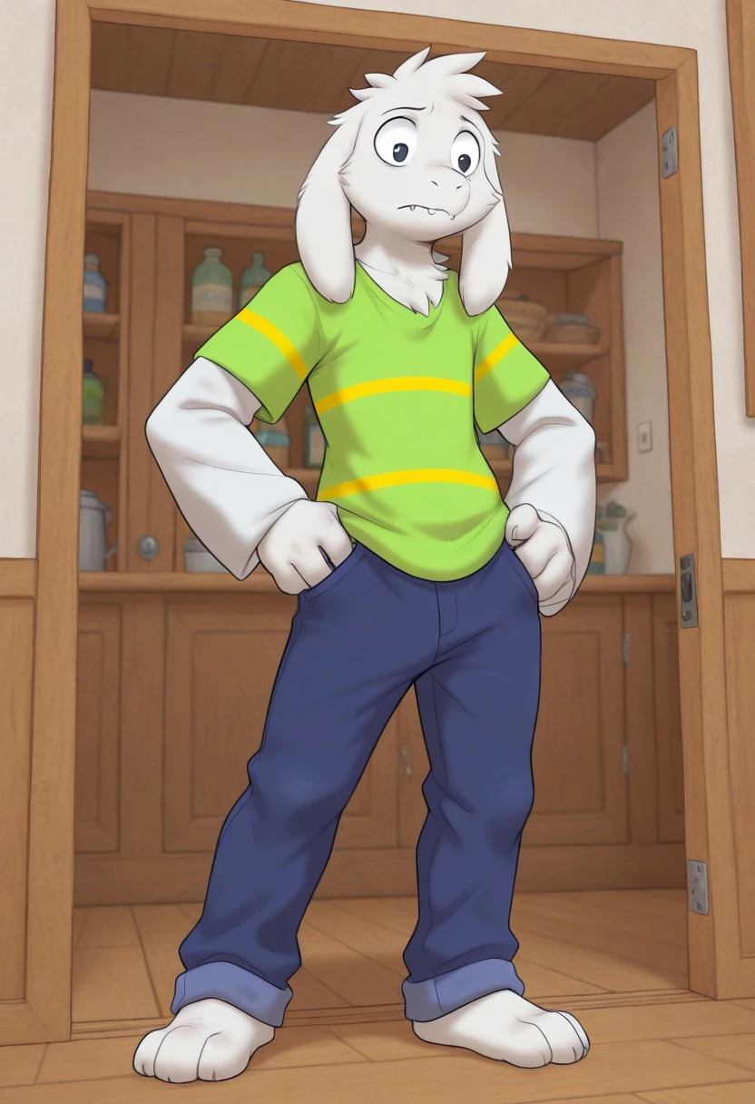 masterpiece, best quality, amazing quality, very aesthetic, high resolution, absurdres, newest, detailed background, furry, solo, male, no humans, asriel dreemurr, endertale, green t-shirt, striped shirt, blue jeans, small horns, small fangs, full body