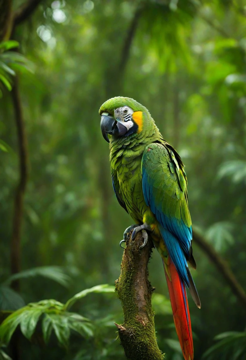 masterpiece, best quality, newest, highres, absurdres, depth of field, focused subject, sfw,
parrot,
jungle, tree,