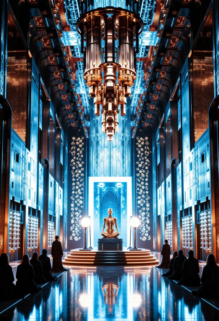 <lora:Cyber_Flux><lora:Quantum_computer:1> photorealistic interior of an ultra-futuristic cybernetic quantum computer cathedral, sleek design and awe-inspiring and luminous, combining richly detailed intricate architecture with ultra-modern quantum computing aesthetics, intricately detailed carved columns made of quantum computers, servers and computer wires, every surface is sharp and hyper-detailed, from the glowing server racks embedded in the walls to the polished marble floors reflecting the environment, at the center, under a gigantic quantum computer hanging from the ceiling a magnificent altar rises, crowned with a divine humanoid figure made of an anatomically accurate human skeleton robot made of chrome metal, seated cross-legged in a meditative pose, with six arms extended in sacred symbolic gestures, several worshippers in flowing ceremonial robes kneel in prayer, their postures reverent and faces uplifted, priests dressed in high-tech vestments stand around the altar, performing a solemn ritual, atmosphere is sacred yet highly technological, full of clarity and depth, ultra-sharp focus, 8k resolution, high detail, 50mm lens, realistic texture fidelity, no darkness, no blur, well-lit and ornate interior,ornate, highly detailed, intricate, ultra sharp, 8k, brightly lit, high dynamic range, ultra detailed, hyper realistic, ornate interior, crystal clarity, vibrant colors, well-illuminated space, refined textures, high fidelity details, sharp focus