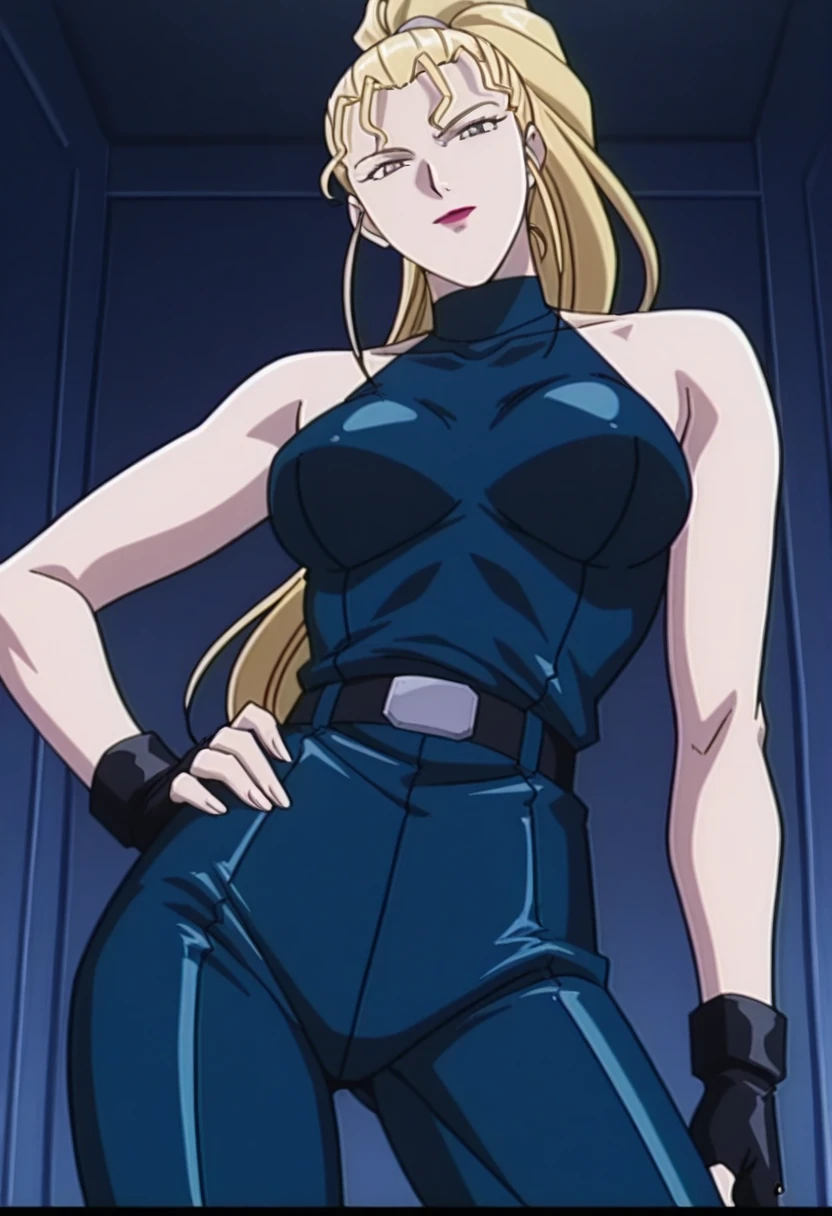 In bleach anime style with red silt dress in sexual posing A 6' 6" tall, gray skinned woman with distrustful, dark purple eyes, hollow cheeks, an oval face, a rounded jaw and large ears. She has straight, dark blonde hair, wears clothes that are form fitting, wears thin eyeliner, an obvious foundation and hazy eyeshadow, and she seems distinctive.