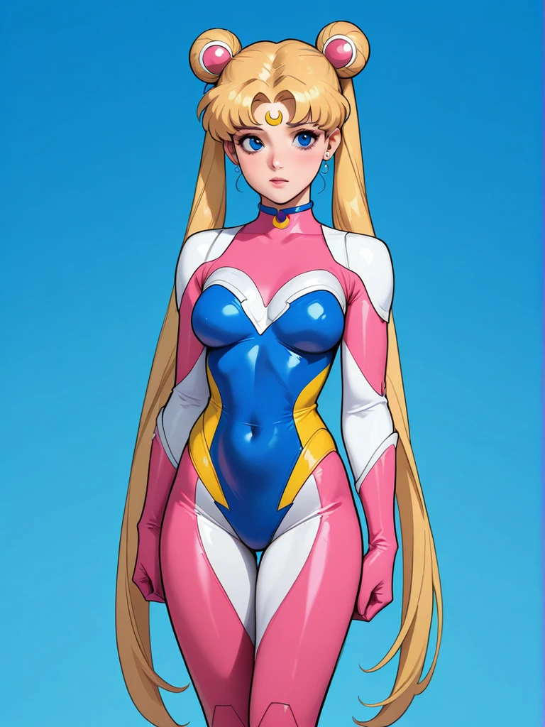 upper body, 1girl, superhero, leotard, bare legs, boots, matching boots, medium breasts, light particles, aura, blue aura, stand, standing, highleg, space backdrop, hand on hip,