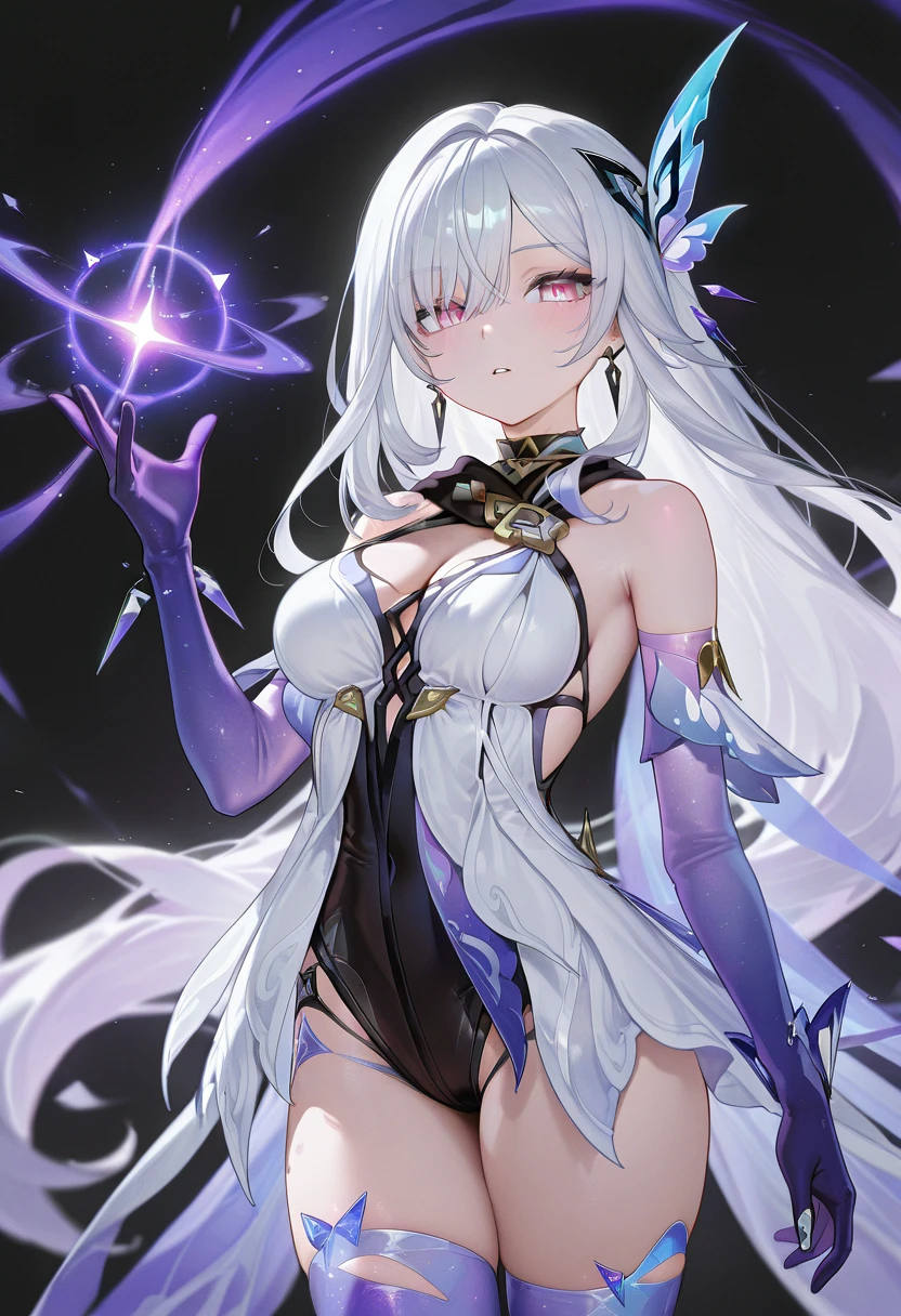 A silver-haired female elf, His deep eyes are a light and attractive purple., medium breasted, She wears an elegant white dress that covers her slim body. The stage where she is is a capsule of fresh ice.. High details, full HD 4k. Emilia de re:zero