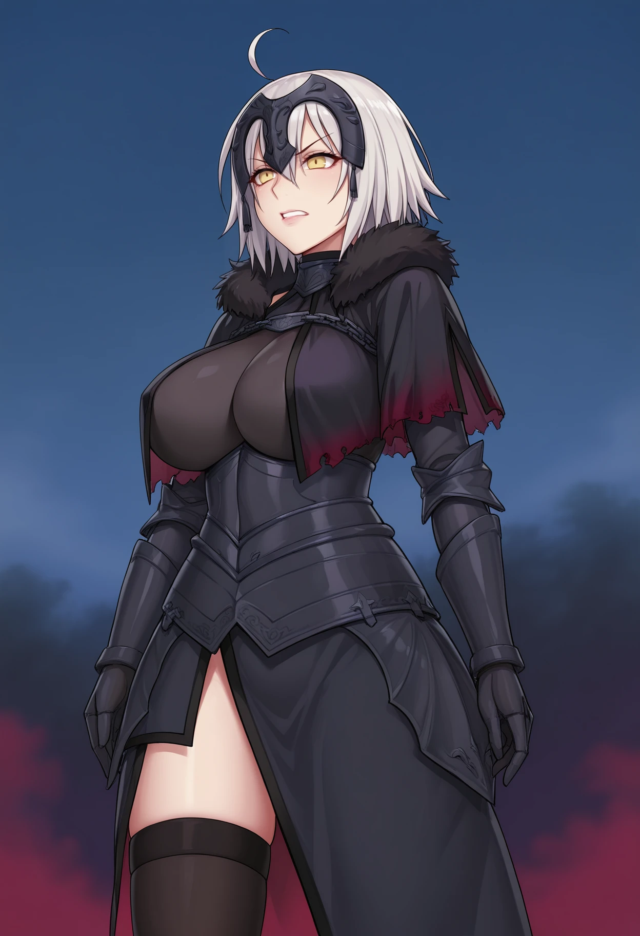 1girl, solo, light purple hair, very long hair,  lucrecia \(counter:side\), hair over one eye, 
feather trim, black cape, over shoulder, hair over one eye, cape, see-through, blush, shiny skin, wet, heavy breathing,
graveyard, leaning forward, arms behind back, seductive smile, 
night, night sky, moon, fog, bare tree, pillar, ruins, candle, 
 <lora:DarkSushi_v4_5:0.65>