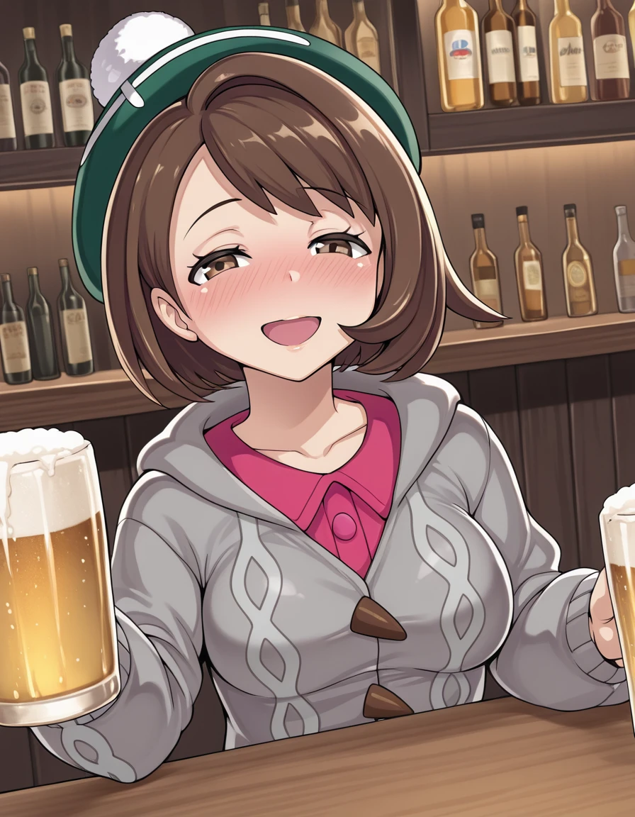 One Woman, Dark brown hair, Yellow Ethes, Wearing a pink leather jacket, White shirt, Wearing a miniskirt in a bar, Have a beer mug, A refreshing smile,blush, alcohol, Drunk face, 4K, Good anatomy, masterpiece, Detailed face, basalt