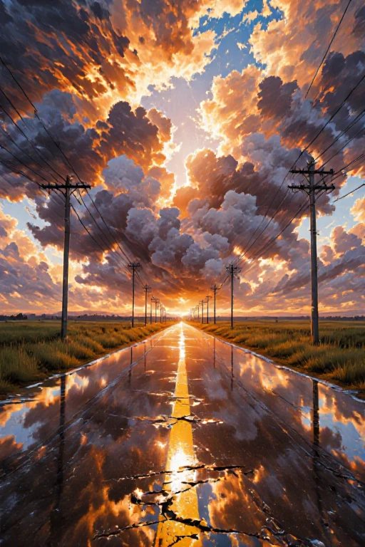AnimeScenery style. A winding rural road stretches into an open horizon, slick with recent rain and glistening like glass beneath a sky fractured with molten amber and deep indigo. Towering cumulonimbus clouds surge in swirling vertical bands overhead, painted in layers of charcoal, steel blue, and silver-edged mauve, while incandescent shafts of golden sunlight pierce the cloud breaks, igniting the landscape in fiery contrasts. The roadâs broken yellow line curves gently through verdant fields of knee-high grass, reflecting the stormy heavens above with hyper-realistic wet-surface highlights. Electric poles rhythmically line the roadside, their cables slicing across the sky like taut brushstrokes, adding a sense of scale and kinetic structure. Low-angle composition intensifies the drama, blending cinematic storm-chasing perspective with painterly, anime-inspired textures and vibrant complementary color grading. The scene captures a tension between serenity and upheavalâwhere natureâs raw power and fleeting stillness converge in a luminous, high-definition moment of atmospheric intensity. Saturated color palette, high contrast, clean and sharp artwork.
