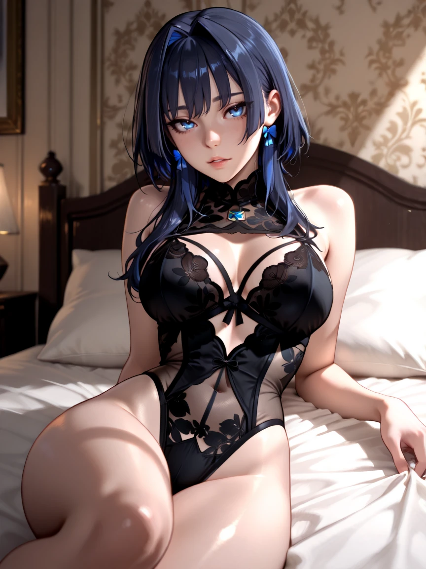 最high quality、best image quality、masterpiece、Curvy but thin body、perfect eyes, perfect face,The exact number of fingers、Exact number of legs、The exact number of armatures((bust 180:1.8)),beautiful blue eyes、1 girl:4.0、milking(Own),expose one&#39;s chest,beautiful nipples、beautiful big breasts(erect nipples:1)、sexy look、big breasts, 、black stockings、light blue short hair（inwardly curled hair）、thin、((Wearing only sexy navy underwear 1.8)),from head to calf、black wristband on wrist、Golden star-shaped hair ornament、Golden Necklace、red face、Slippery texture)）high quality、beautiful art、With background((bed)))、((open your legs:1.8、raise both legs:1.8,Own your thighs:1.8,lie down on the bed:1.8)),visual art、written boundary depth、One earring in each ear、mole under eye、beautiful thighs 