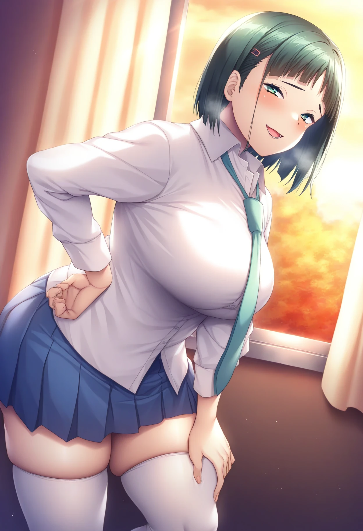masterpiece, best quality,high resolution、realistic、Detailed、((extremely delicate and beautiful fabric):1.3)、 8k、large boob、 1girl, solo, skirt, jacket, shirt, blue eyes, white shirt, necktie, green necktie, black hair, pleated skirt, socks, diagonal-striped necktie, open jacket, open clothes, striped necktie, collared shirt, black jacket, black skirt, striped, blazer, short hair, long sleeves, bangs, , black socks, diagonal stripes, hairband, hair ribbon, ribbon, blue hairband, dress shirt, bow, cowboy shot, smile,cleavage、classroom、(skirt lift:1.5)、(kneeling:1.5)、(show off pussy)、pussy juice、embarrassed、perfect pussy、nsfw