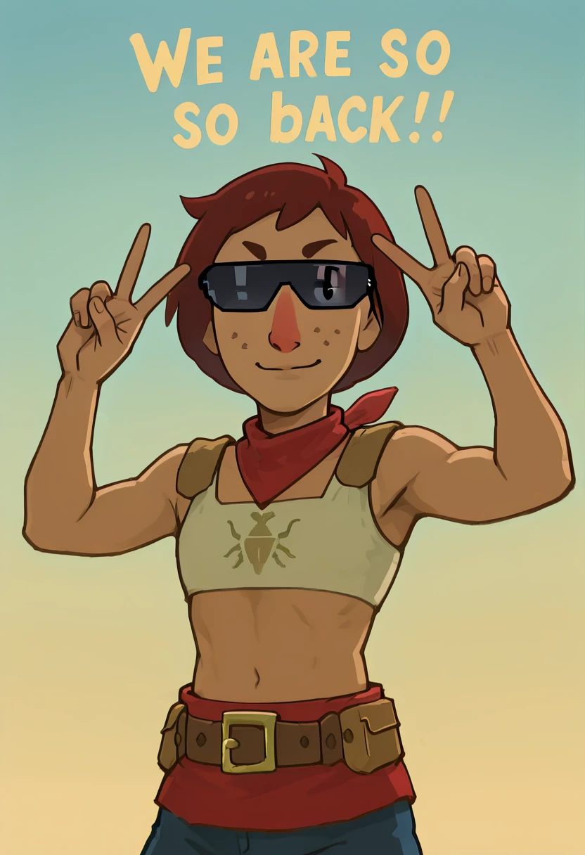 masterpiece, best quality, solo, zzBeedle, brown hair, short hair, 1boy, sunglasses, ,<lora:BeedleZelda_IXL:1.0>, , smile, looking at viewer, We4reSoB4ck, text, gradient background, ,<lora:We4reSoB4ck_IXL_v1:1.0>,