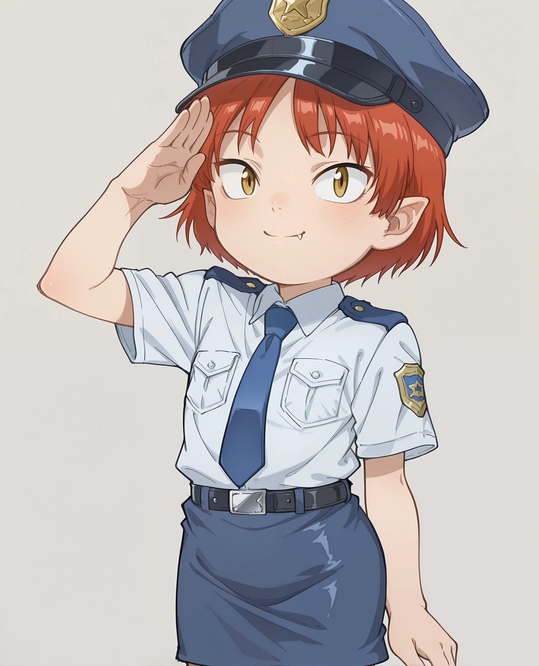 masterpiece, best quality, good quality,
<lora:contract_controller_illus01_v1:-0.2>
<lora:Daikin:0.55>dkn, <lora:KubikiriXL:0.55> kubikiri, <lora:Nanase_IL:0.6> snmnnst,
1girl, solo, child
<lora:Nekomusume:1> nekomusume, fang, pointed ears, short hair, red hair, yellow eyes, tsurime,smile, police uniform,white shirt, blue necktie, blue skirt, police hat,belt, standing, salute
