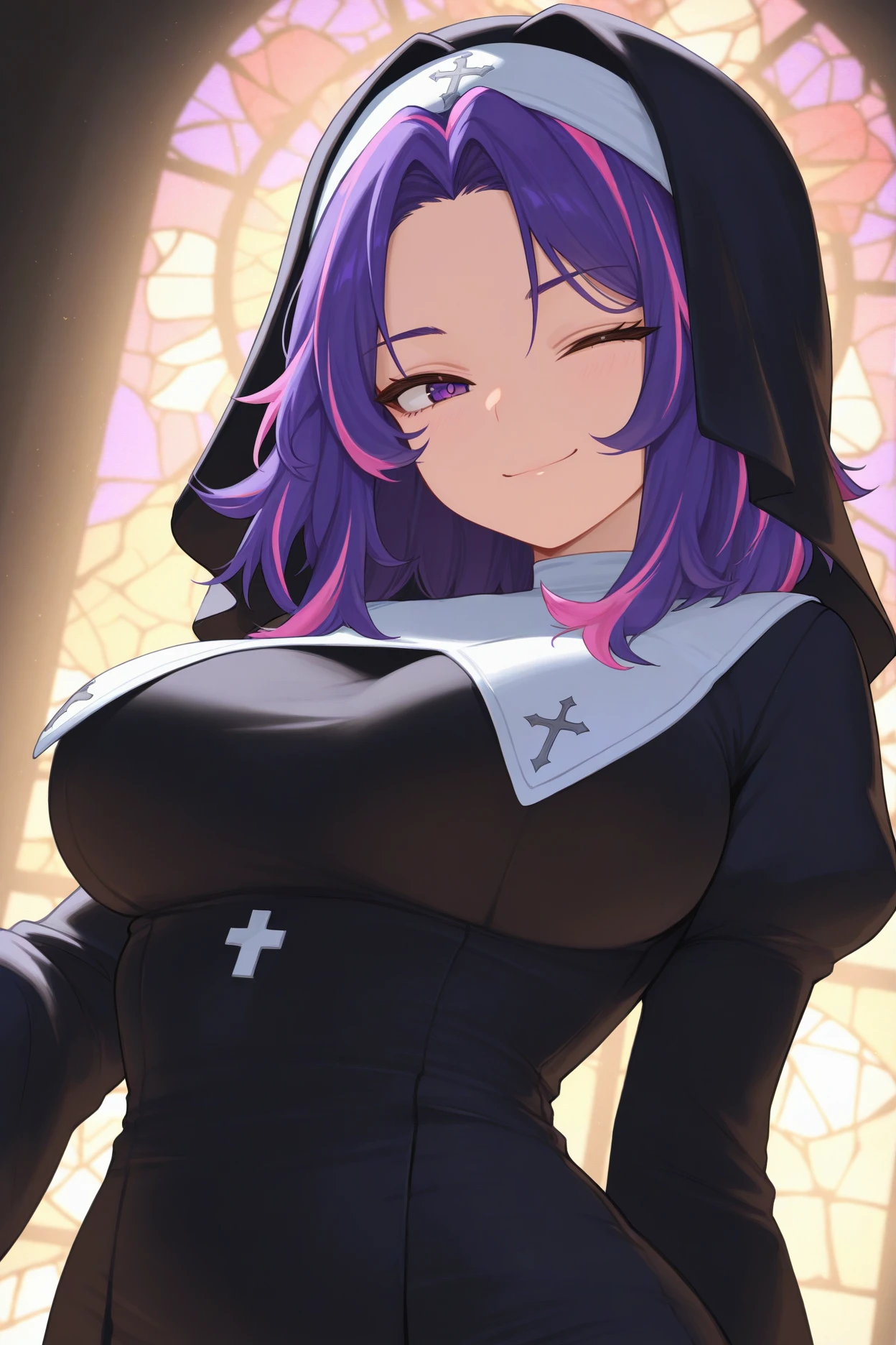 (masterpiece), best quality, beautiful and perfect woman, heart-shaped pupils, beautiful wide thighs, big breasts, big butt, long legs, nun costume, arm warmers, long legs, glasses, thigh ring, slim waist, beautiful night with stars, beautiful beach, platform heels, deep purple hair, short hair with two huge braids, hair with bangs, muscular.