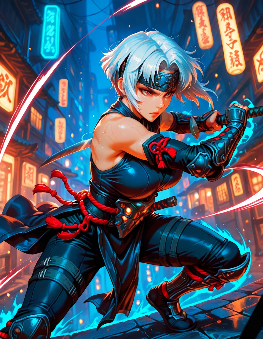 silver hair, blue eyes, personnage féminin d'anime avec armure devant un fond circulaire, katana zéro video game character, pose badass, Ryuko Matoi, anime dur à cuire 8 k, Keqing de Genshin Impact, katana zéro, personnage de jeu de combat, Assassin féminin rouge, zhongli de genshin impact, mk ninja, déclencher le style artistique d'anime, femme assassine, ninja mystique