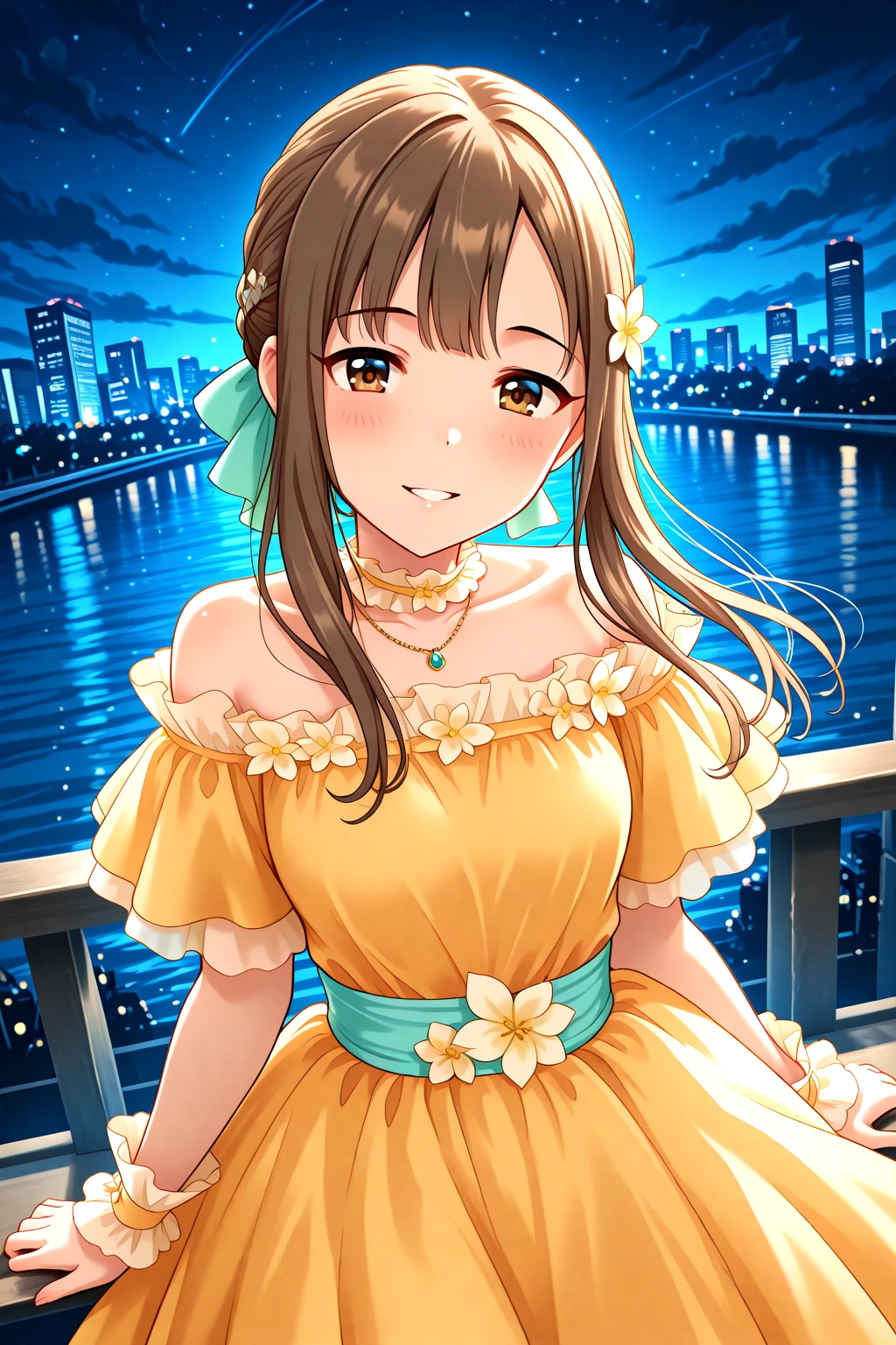 masterpiece, best quality, amazing quality, 1girl, solo, makeup, general, cowboy shot, looking at viewer, blush, dramatic angle, smile, parted lips, standing, on railing, outdoors, night, railing, building, bridge, city, cityscape, city lights, skyscraper, skyline, balcony, yokohama, flower, white flower, sparkle, star(sky), cloud, night sky, starry sky, water, bare shoulders, collarbone, <lora:Mizumoto_Yukari_Cinderella:1>, Mizumoto_Yukari_Cinderella, long hair, brown hair, brown eyes, breasts, blunt bangs, braid, sidelocks, dress, off-shoulder dress, yellow dress, multicolored dress, multicolored clothes, layered dress, gown, frilled dress, frilled sleeves, short sleeves, ribbon, hair ribbon, dress flower, frills, off shoulder, choker, frilled choker, necklace, jewelry, wrist cuffs, hair ornament, hair flower, <lora:wai-A3-V140:1>, <lora:illustrious_noobai_epsilon_pred_1_masterpieces_v1:1>