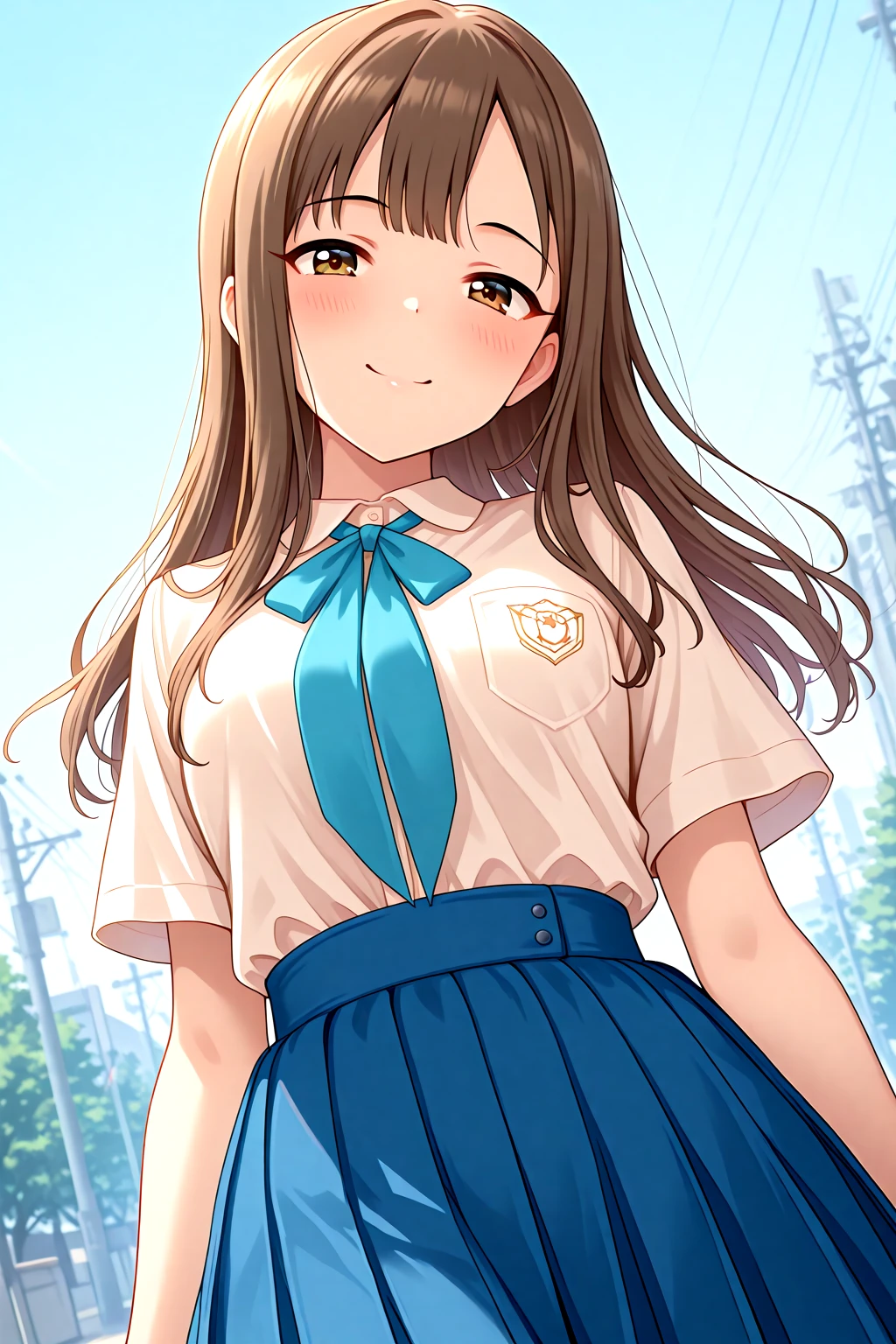 masterpiece, best quality, amazing quality, 1girl, solo, makeup, general, cowboy shot, looking at viewer, blush, dramatic angle, smile, outdoors, sky, dutch angle, <lora:Mizumoto_Yukari_Cinderella:1>, Mizumoto_Yukari_Cinderella, long hair, brown hair, brown eyes, breasts, blunt bangs, school uniform, white shirt, short sleeves, pleated skirt, collared shirt, blue skirt, blue ribbon, pocket, shirt tucked in, breast pocket, bow, <lora:wai-A3-V140:1>, <lora:illustrious_noobai_epsilon_pred_1_masterpieces_v1:1>