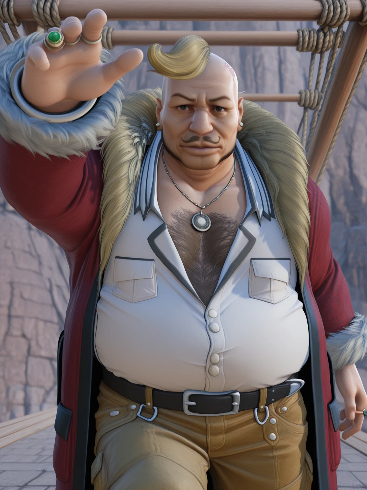 masterpiece, best quality, amazing quality,, <lora:don-corneo-ingame-illustriousxl-lora-nochekaiser:1>, don corneo, short hair, black eyes, blonde hair, male focus, facial hair, realistic, bald, old, fat, fat man, 3d,, shirt, jewelry, jacket, white shirt, earrings, open clothes, pants, belt, necklace, coat, fur trim, ring, brown pants, chest hair, <lora:incoming-headpat-illustriousxl-lora-nochekaiser:1>, incoming headpat, headpat, pov, outstretched arm, reaching, reaching towards viewer, looking at viewer, rope bridge, wood, rope, suspension, height, cowboy shot, solo, looking at viewer,