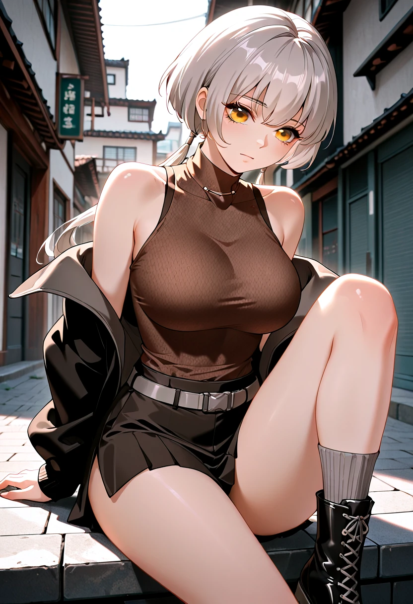 masturbation, Nude, pussy, vaginale, ((pussy juice)), Squat, (Highest quality, High resolution, Very detailed), 1 female, Silver Hair, Super short hair, Reddish brown eyes, lace bra, Large Breasts, Slim beautiful legs, spread legs, 24th generation, Beautiful woman, mature, quiet, Calm,
