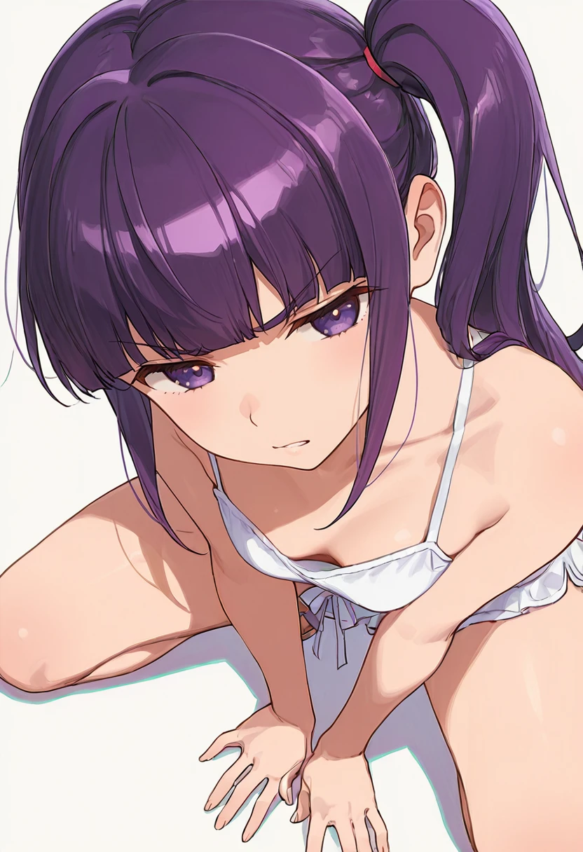 1 girl、purple hair、Eimei、Portrait、realistic、open-air bath、Washing your hair、squatting down、angle from below、side light、wall-、NSFW、