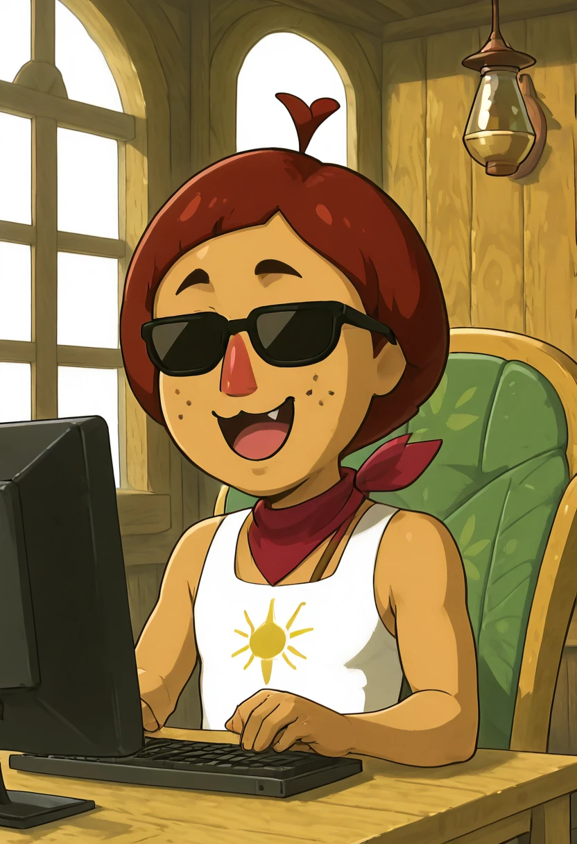 masterpiece, best quality, solo,    zzBeedle, brown hair, short hair, 1boy, sunglasses,    ,<lora:BeedleZelda_IXL:1.0>, ,smile, open mouth,  upper body, :3, window, chair, facing viewer, desk, computer, monitor, on chair, keyboard (computer), office , <lora:CitronLegacy_IXL:1.0>,