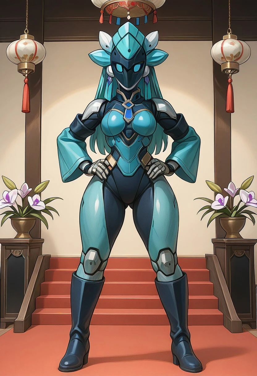 Rating: 9, Rating: 8, Rating: 7, Rating: 6, Masterpiece, Photorealistic Details (Masterpiece, Superior Quality, Amazing Quality, Very Aesthetic, High Resolution, Ultra Detailed: 1.2), Absurd (Photo, Realistic). 1 girl (Orchid, Android, Athletic body, Mechanical joints, Synthetic skin, Robot girl, no skirt, high boots, arm sleeves), Full body, Female body (Athletic body), Turquoise hair, Metallic face (no human features), Wide hips, Thick thighs, Small waist, Beautiful legs, Nice butt, Kinesthetic muscles, Medium breasts, Non-human texture, Smooth surface, Shiny accents.
(((STAGE: theater, oriental decoration, dance stage)))
(((POSE: standing facing viewer, front view, view from the front, focus on face, gaze at viewer, hands on hips, dynamic pose)))