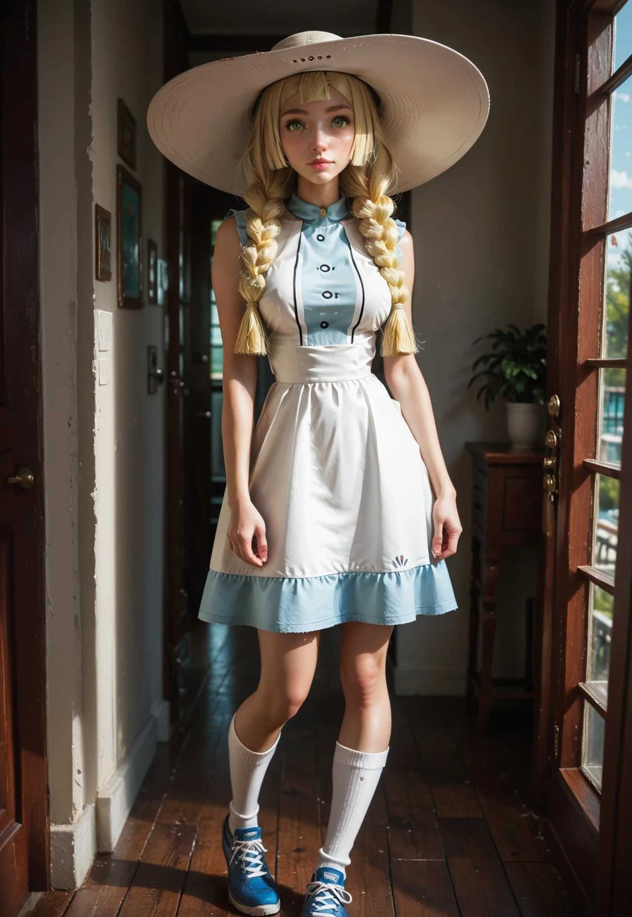 Based on the image of Alice, the main character of Disney's animated film "Alice in Wonderland," a young girl, 10 years old, blonde hair, blue eyes, smile, wearing a blue dress with a white apron, standing in a whimsical, fantastical setting, highly detailed, photorealistic, 8k, unreal engine, masterpiece, ultra high res, 8k, RAW photo, best quality, detailed shadow,