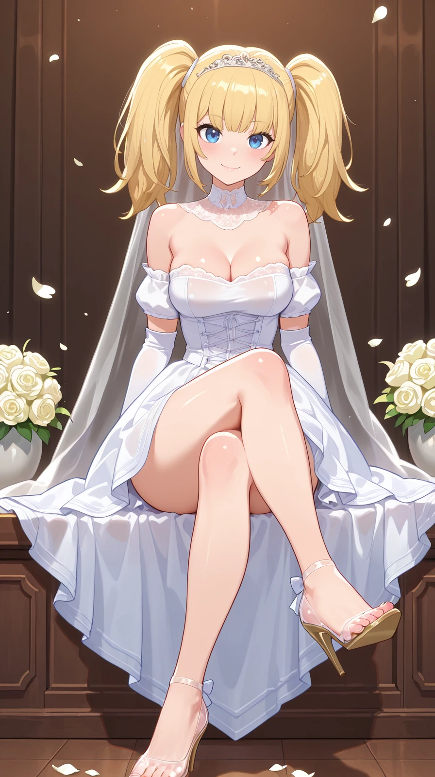 Anime girl in wedding dress sitting on bed,The background is the full moon。, Anime goddess, anime barbie in white stockings, loli in dress, blonde goddess, beautiful and seductive anime woman, Cute anime Huaifu wearing sexy clothes, seductive anime girls, Blonde anime girl with long hair, blond-haired princess, guweiz masterpiece