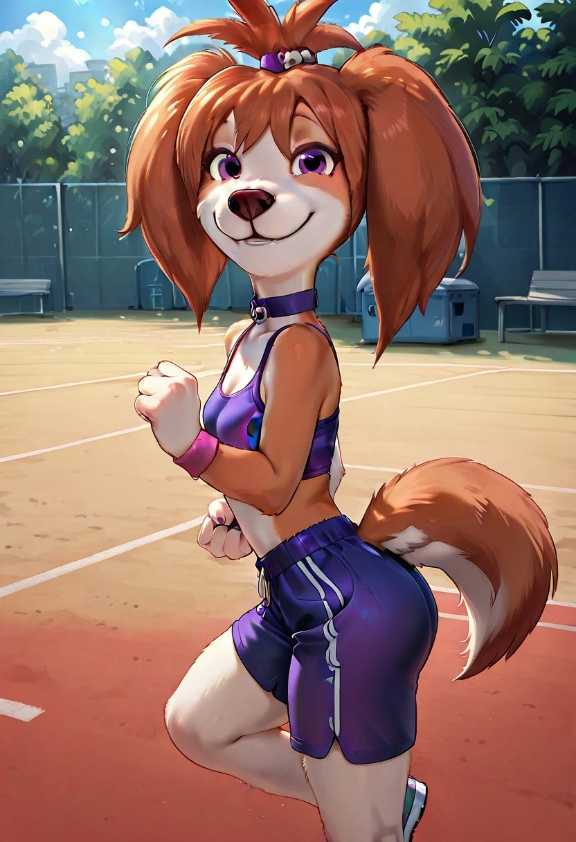 masterpiece, best quality, amazing quality, very aesthetic, absurdres, newest, break
outdoors, training court
Liza Barboskina, Dog girl, anthro canine, female, small breasts, twintails, break
sport short top, sport shorts
standing, sexy pose, smile, looking at viewer, one leg bended, 3/4 side view