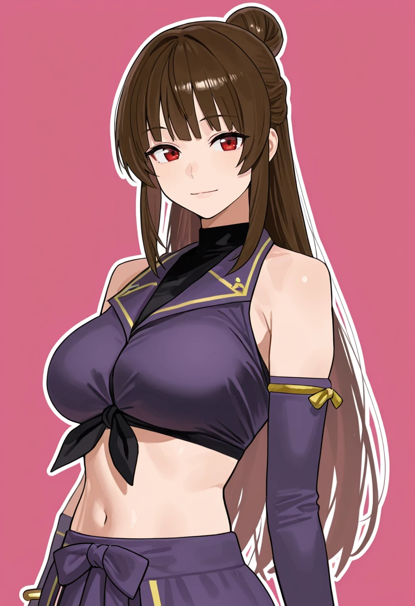 (beautiful detailed eyes:1.5, beautiful detailed face:1.2, beautiful detailed hair), Murrue Ramius, a woman, red eyes, blush, milf, wife, sexy, Curvy, (brown hair, long hair, bangs), (sagging large breasts:1.5), (chemise:1.5, no bra), arms behind back, upper body, standing, (Perfect detailed Anatomy, beautiful detailed hair, perfect female body:1.2, shiny skin), (thick outline, Beautiful outlines, black outlines), simple background:1.5
