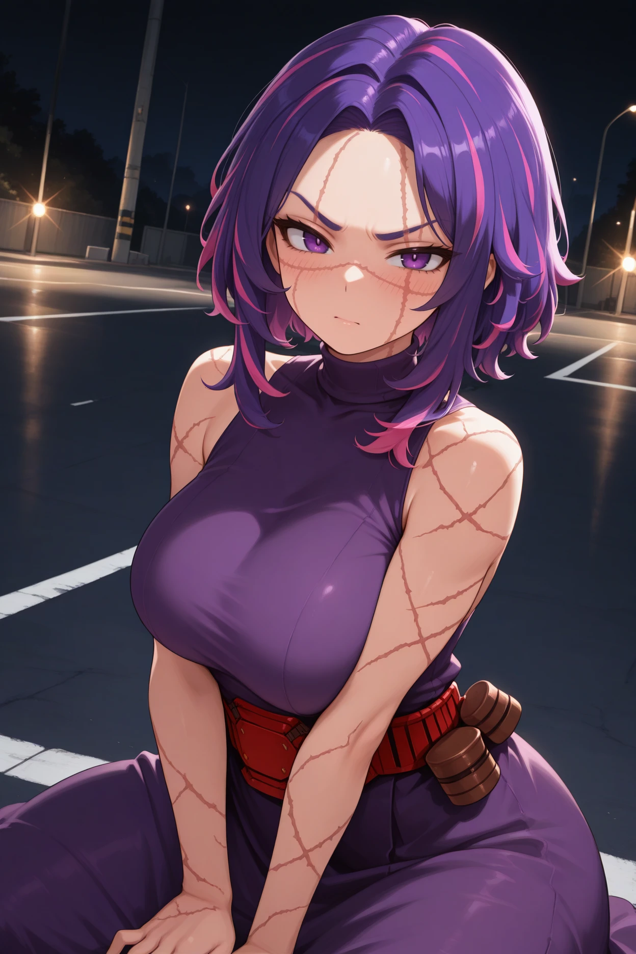 score_9, score_8_up, score_7_up, 1girl, mayanew, blue eyes, purple hair, short hair, hairclip, nose scar, eyebrow cut, large breasts, toned, 
blue sweater, long sleeves, ribbed sweater, off-shoulder sweater, black tank top under sweater, collarbone,
looking at viewer, serious, toned, leaning against wall, from side, pocky,
outdoors, city, park, fountain, cloud, birds,
<lora:Maya-NewStyle-Roadi3PDXL_V1-Manityro-CAME:1.0>,