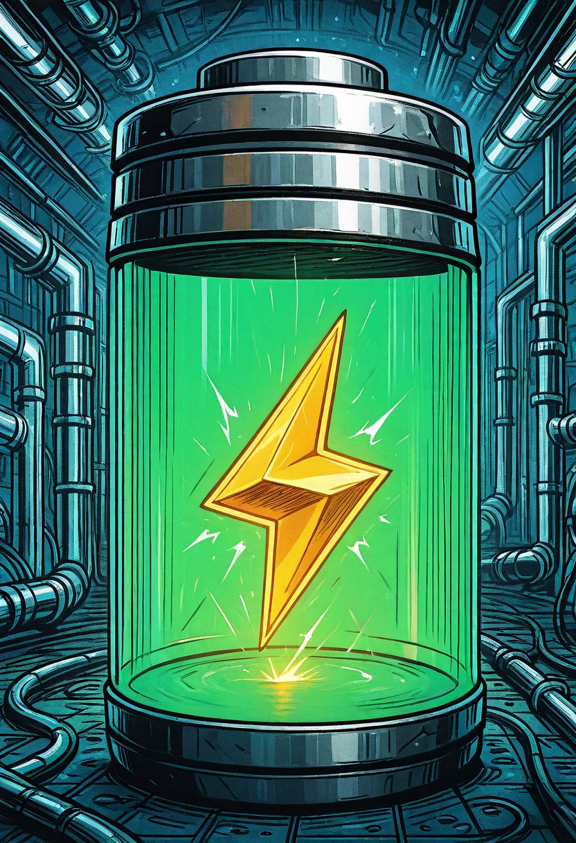 masterpiece, best quality, bzzb4tt3ryCitron, no humans, green glass, factory, <lora:BuzzBatteryIXL:1.0>,