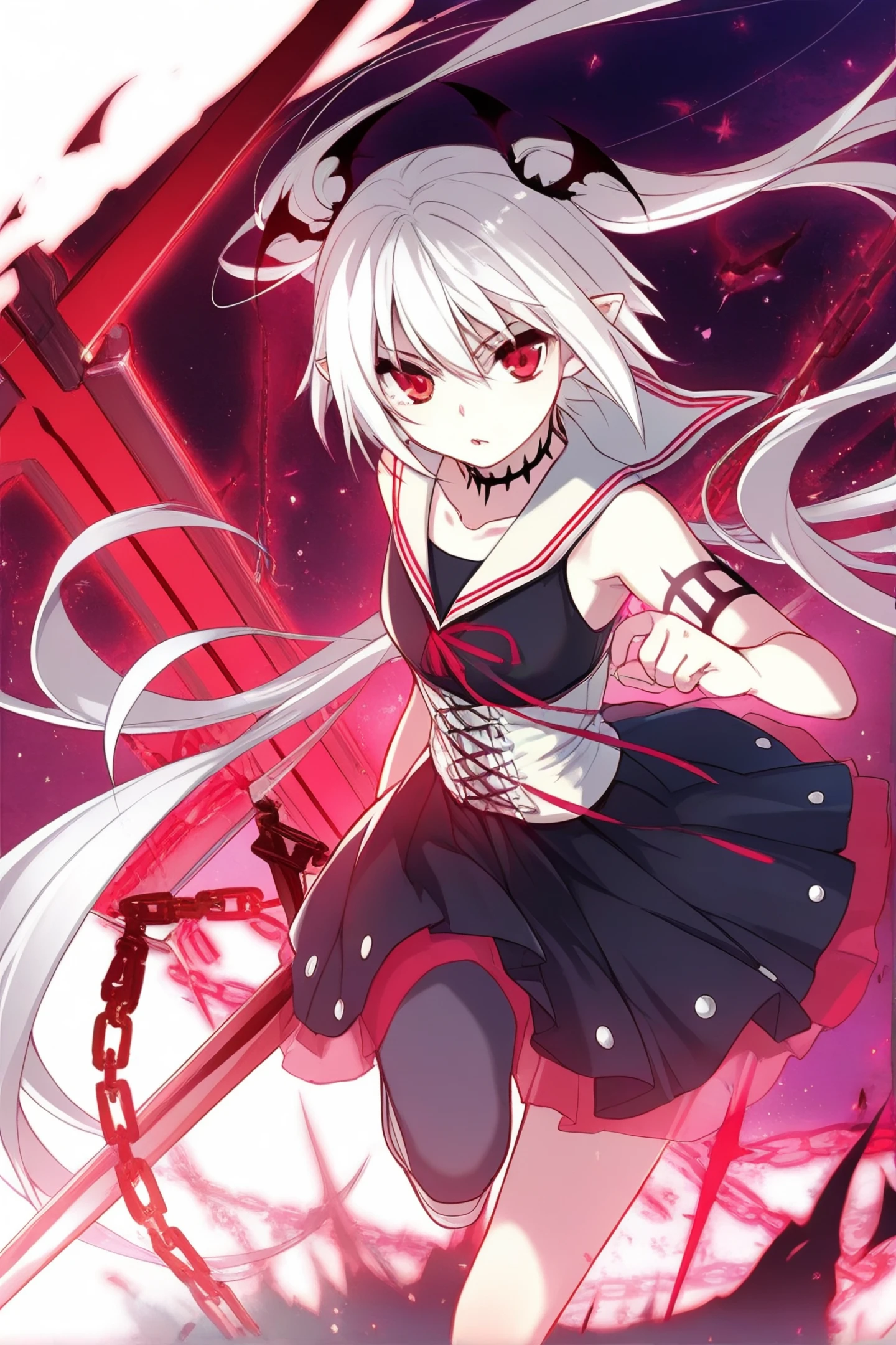 (wariza:1.3), ((((white hair)))), bat hairband, pointy ears, very long hair, twintails, (red eyes:1.3), white hair, night, full moon, (hyper long hair:1.3), shiny skin, thin body, (small breasts:1.2), ((masterpiece)), ((best quality)), (ultra-detailed), ((disheveled hair)), (beautiful detailed eyes:1.4),