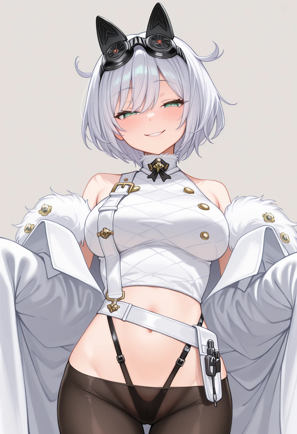 beautiful, masterpiece, Highest quality, anime, One girl, C Cup,Portrait Shot, View your viewers, Covered、Short Hair、nearby、green目、art、、White hair,Blue streaked hair、wallpaper、hairpin、Cute smile、Thighs、 green空、green_Leather Race Queen、green_Leather Gloves、Kneeling、grass、navel、peace sign、grass