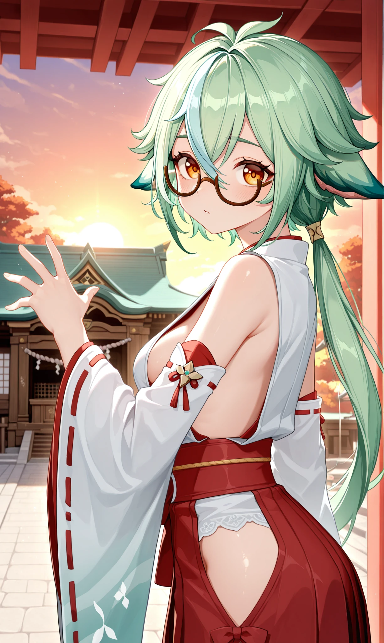highest quality,wonderful,masterpiece,delicate,ultra high resolution,Super detailed,intricate details,beautiful,8K resolution,(Highly detailed CG Unity 8K wallpaper),sharp focus、anime、fiction、one woman , dark green hair , short hair、Cat ear、Human ears cannot be seen due to hair、red glasses、big breasts、Upper breasts、vivid hair、shaggy hair、messy hair、vivid skin、Glossy skin、 lolita、short、young、cute、beautiful eyes、happiness、Pleasure、smile、green kimono、Shoulders are sticking out、sexy、cherry blossoms吹雪、cherry blossoms、cherry blossomsの花びらが舞う、cherry blossomsの花びらがいっぱい、night、nightcherry blossoms、cherry blossomsがライトアップ、strong wind、
