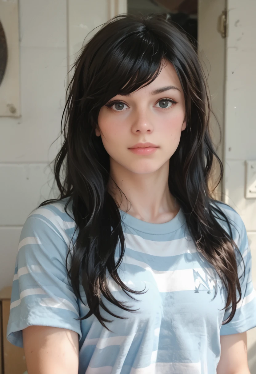 score_9, score_8_up, score_7_up, a photo of Addie Hilltye, athletic, striped shirt, black hair, long hair, portrait,