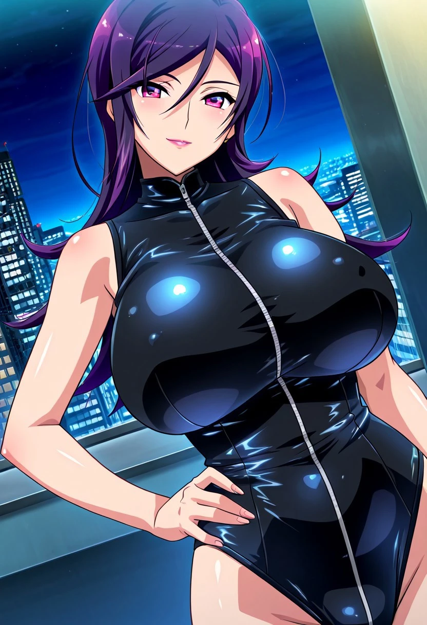 (masterpiece, best quality, high resolution, 8k:1.2), (anime), Asagi, (beautifully detailed eyes:1.2), highly detailed face, Long Hair,Blue Hair, Hair between the eyes,Thin, Side Lock, Purple eyes, Large medium breasts, mature women, View your viewers,((bodycon, microdress, blushing, nightclub, smile:1.2)), muscle, Intricate details, Cinema Lighting, One girl, Cowboy shot, Dynamic pose, smirk