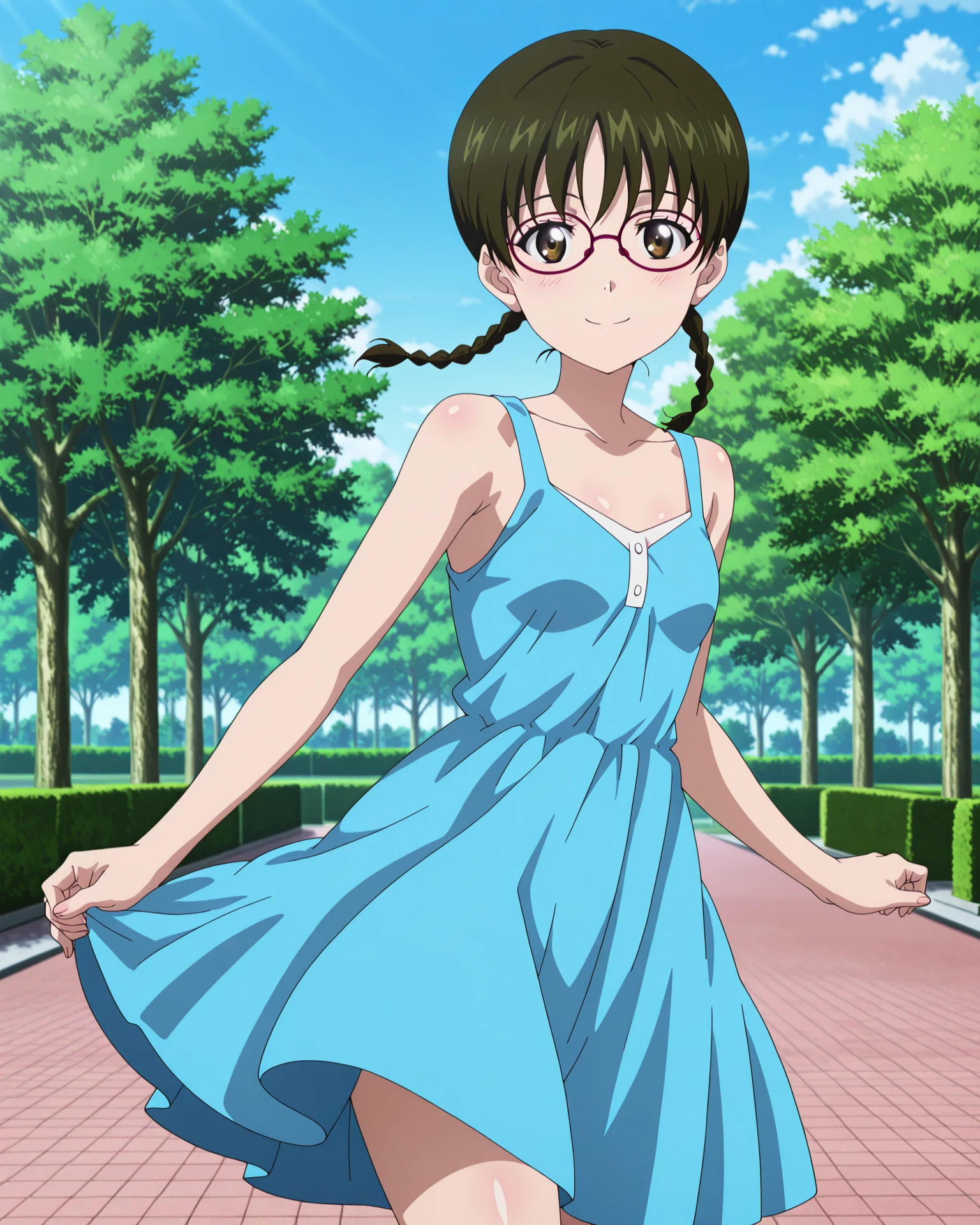 4k, ultra-detailed, absurdres, high resolution, beautiful lighting, cinematic composition, sharp focus, newest, (masterpiece:1.3), (best quality:1.3), (anime screencap:1.5),
highly detailed shading, soft shading, glossy skin, realistic proportions, standing,cowboy shot,looking at viewer, smile,
soft lighting, blurred background, outdoors, park,blue sky,
petite, dynamic pose, <lora:susamix010-pony:0.6> (anime coloring),
<lora:AddMicroDetails_Illustrious:0.3> addmicrodetails,
<lora:Segawa_Fumi__SKET_Dance:1>segawafumi, glasses, dress, small breasts