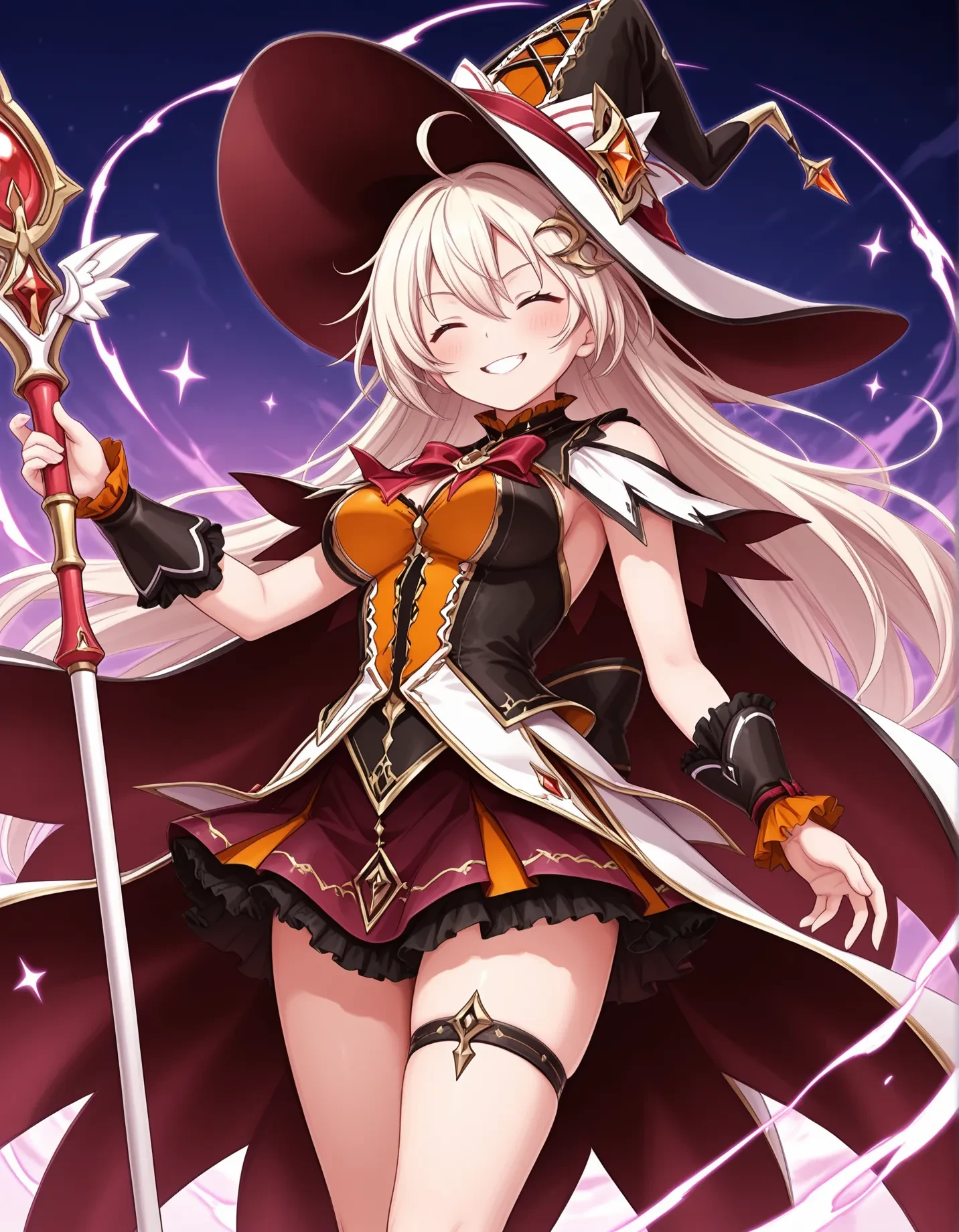 Anime girl with red and orange gradient long hair with hat riding a broom in the air, zero sauce art, loli, detailed fan art, witch girl, splash art anime loli, bright witch, official artwork, [[[grin]]]], commission, official fan art, cute art style, zero sauce, little curve loli, anime style portrait, best quality, extreme light and shadow, ultra hd, cute anime style, loli, bright colors, high contrast, strong visual impact, panties