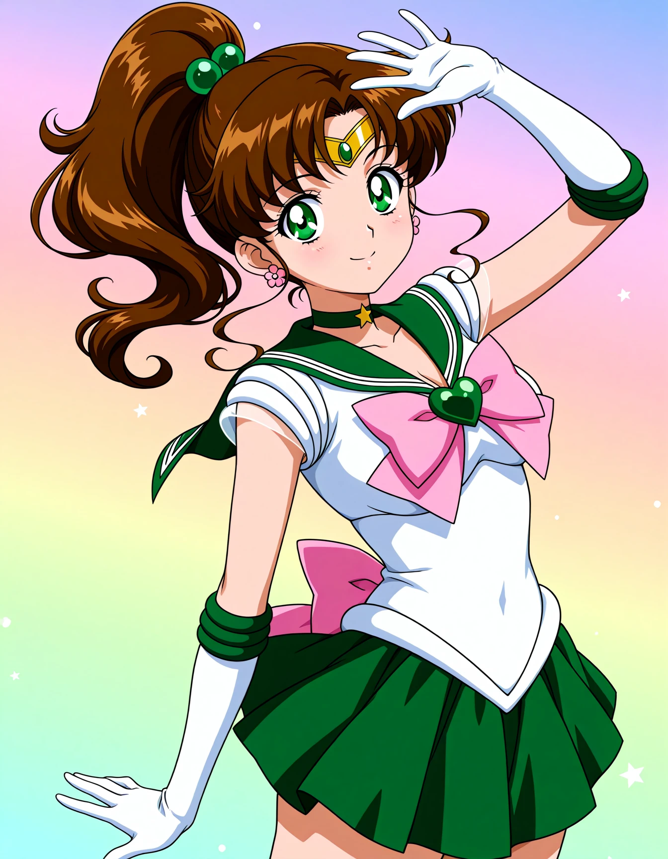 <lora:dmd2-lighting8step_cfg1.5:1>,official style,masterpiece,best quality,newest,very aesthetic,highly detailed,high resolution,absurdres,highres,depth of field,super detailed skin,very awa,Anime,anime coloring,anime screencap,<lora:Sailor_jupiter_V4:1>,solo,brown hair,green eyes,medium hair,ponytail,parted bangs,hair ornament,hair bobbles,earrings,flower earrings,green gemstone,circlet,green sailor collar,jewelry,green choker,pink bowtie,bowtie,pink bow,heart brooch,back bow,long back bow,leotard,green skirt,miniskirt,pleated skirt,skirt,short sleeves,white gloves,elbow gloves,gloves,rainbow_background,smile,posing,stylish_pose,super sailor jupiter,