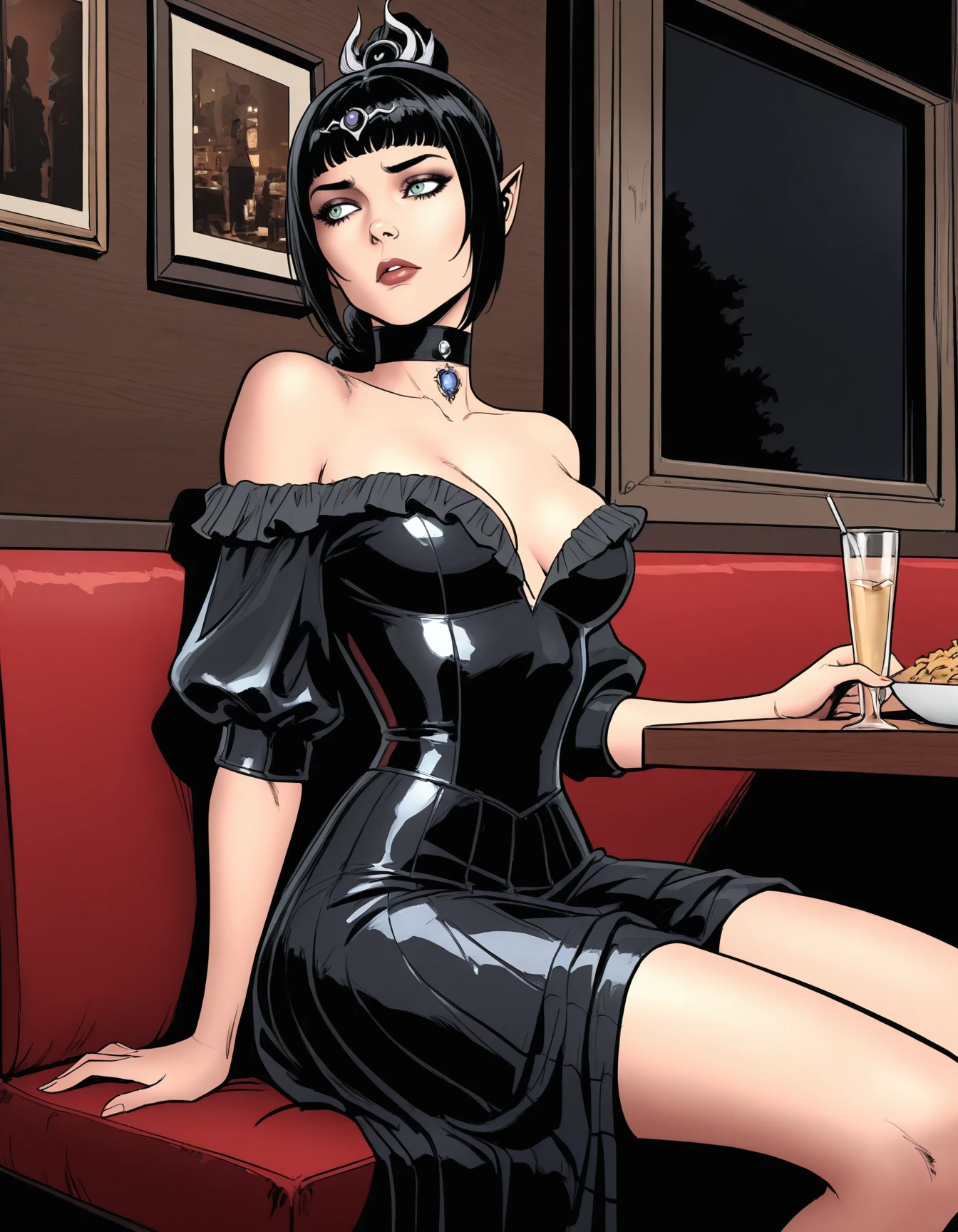 ((Realstic)) and ultra-detailed photography of a nude woman, catwoman outfit, catwoman, sexy expression, sexy pose, hands infront of body, neon colors, rim lighting, atmospheric lighting, woman is well lit, sexy, beautiful woman, glowing neon skin, cinematic lighting, dark simplistic abstract background, night time, SITTING AT BAR, HAVING DRINK, SMILE